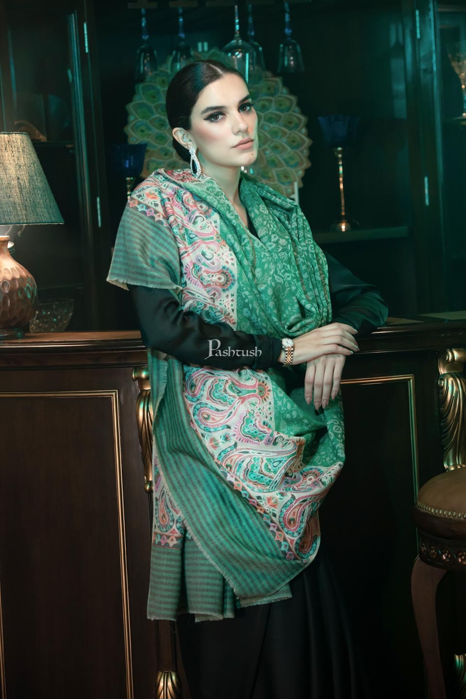 Pashtush India Womens Shawls Pashtush womens Fine Wool shawl, With Embroidered Ethnic Palla design, Soft and Warm, Green
