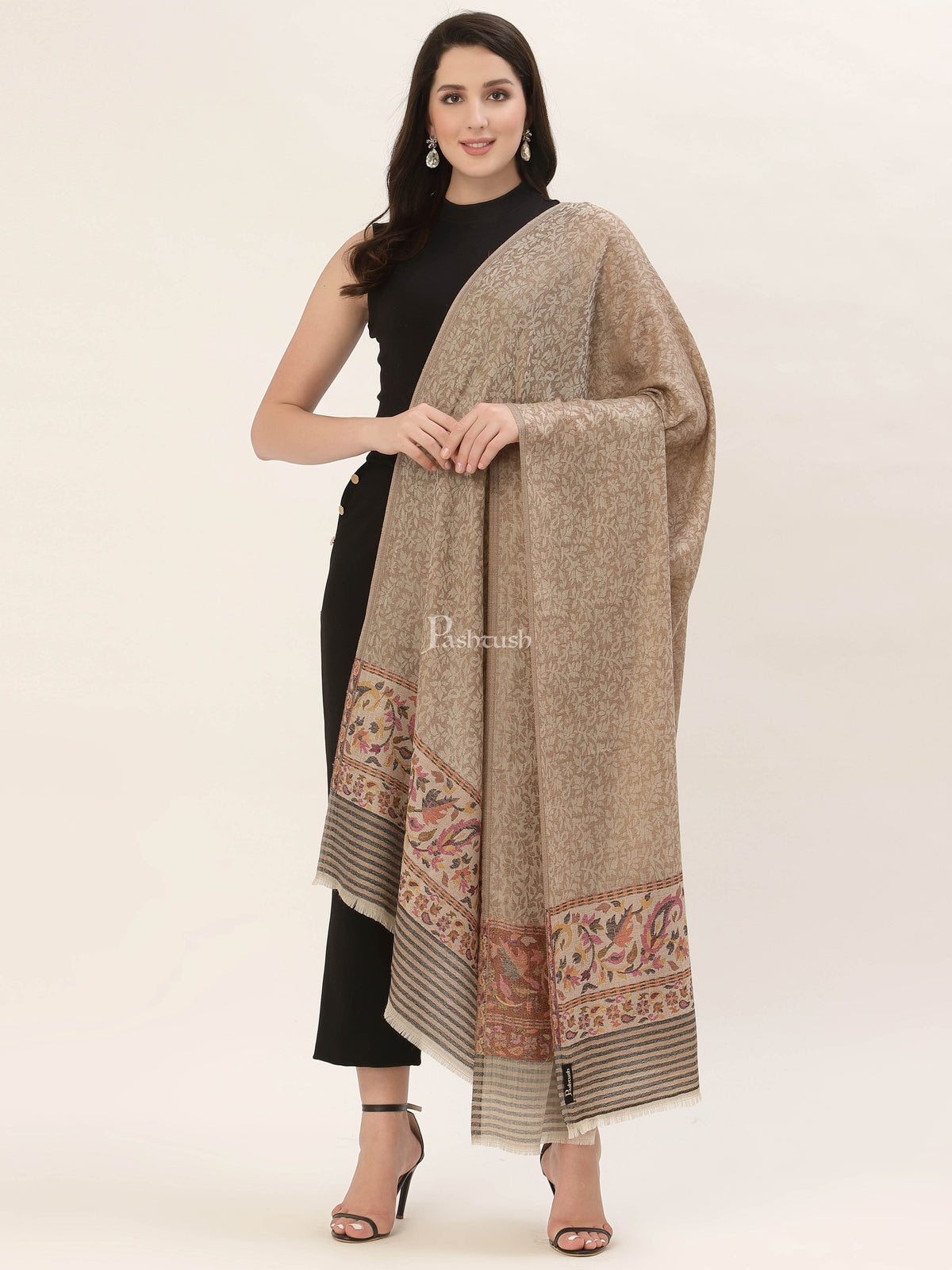Pashtush India Womens Shawls Pashtush Womens Fine Wool Shawl, With Ethnic Palla Weave