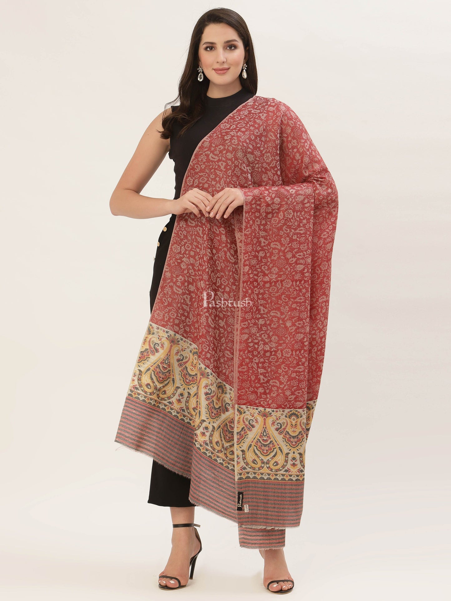 Pashtush India Womens Shawls Pashtush Womens Fine Wool Shawl, With Ethnic Palla Weave