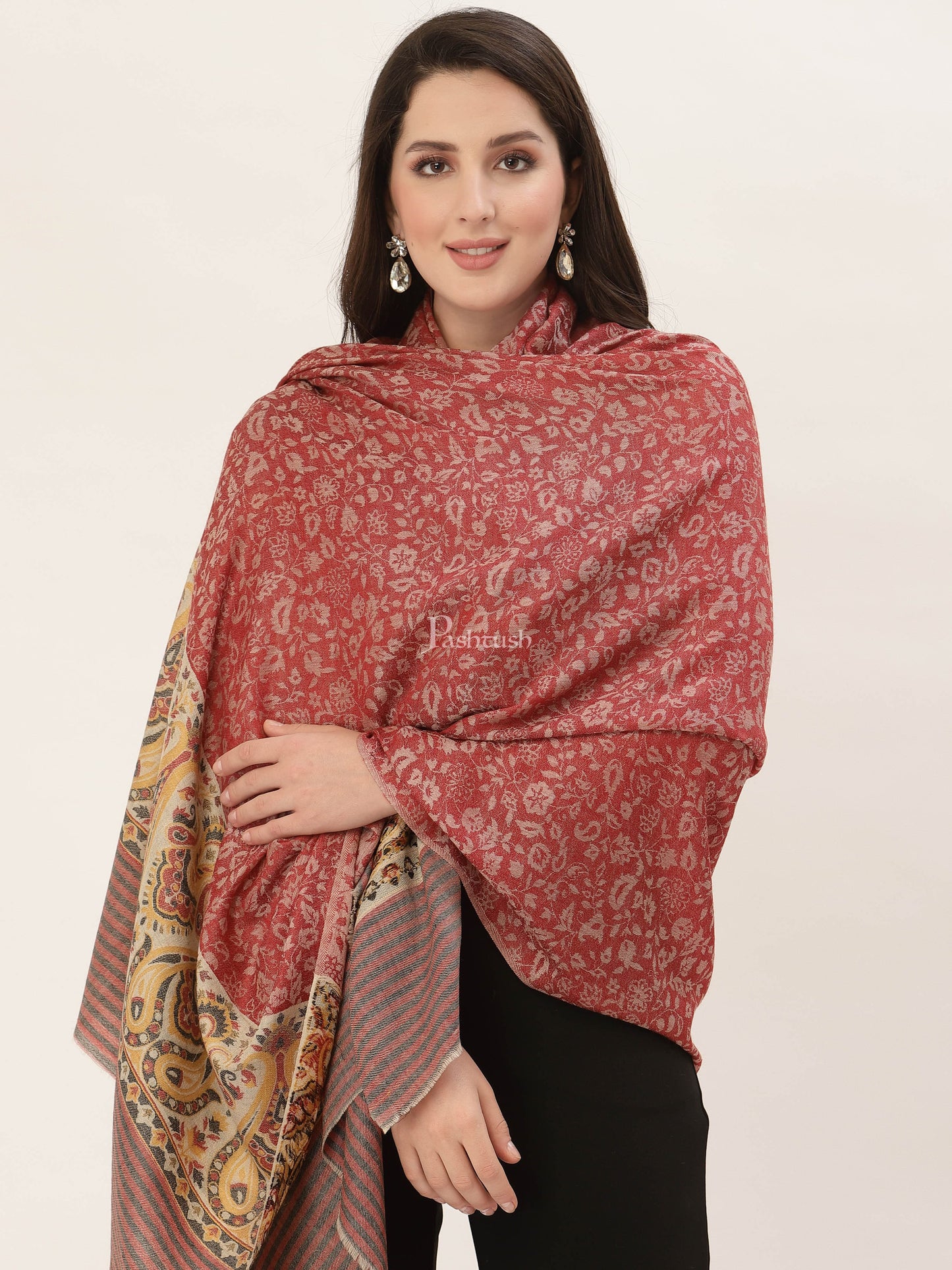 Pashtush India Womens Shawls Pashtush Womens Fine Wool Shawl, With Ethnic Palla Weave