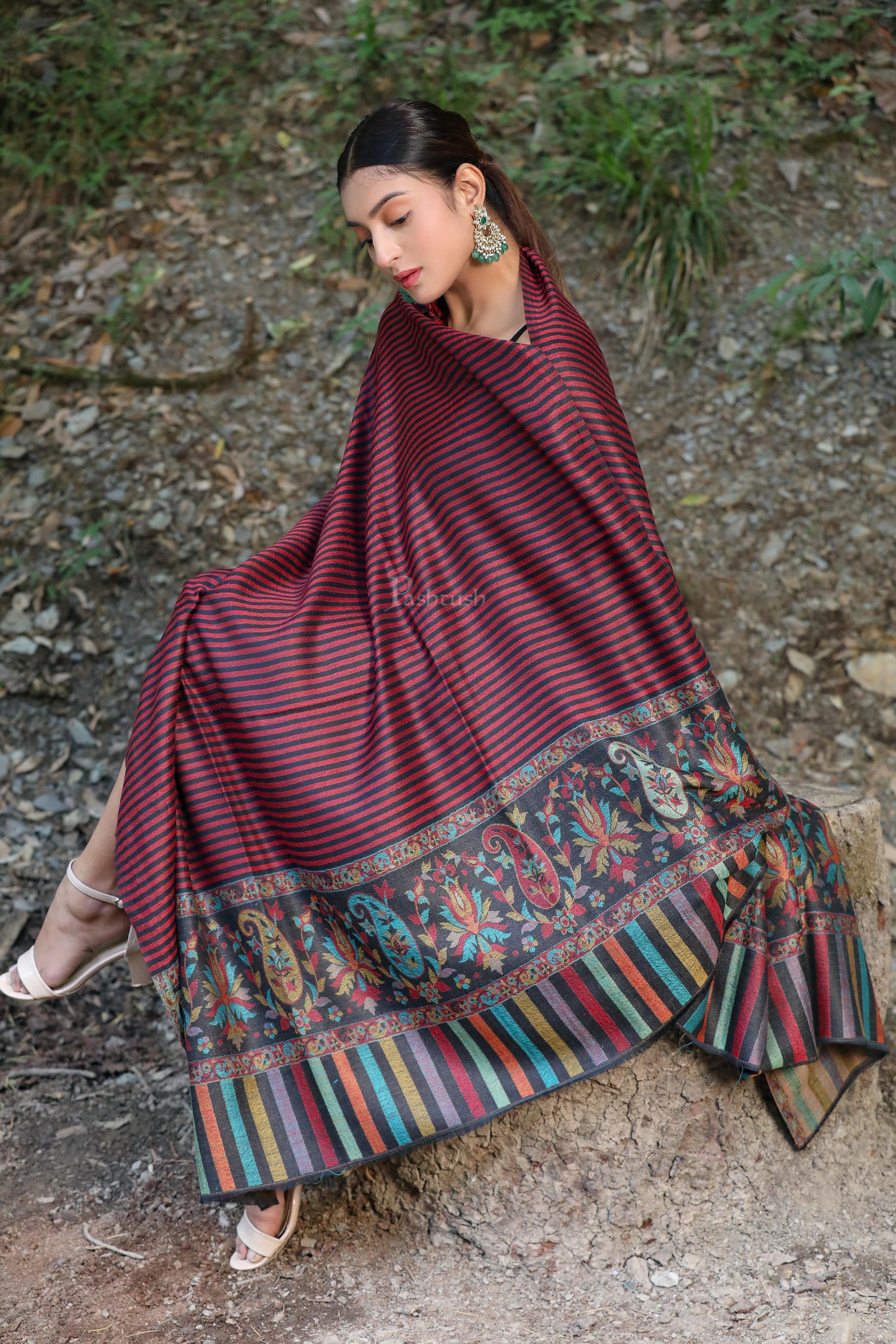Pashtush India Womens Shawls PASHTUSH WOMENS FINE WOOL SHAWL, WITH ETHNIC PALLA WEAVE