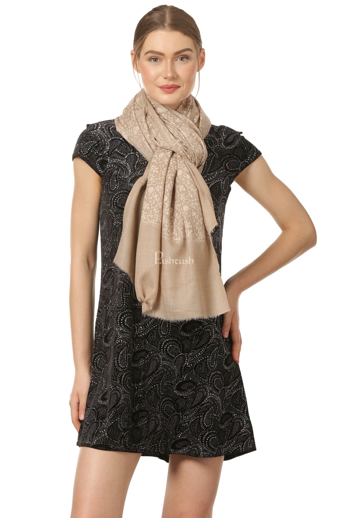 Pashtush India Womens Shawls Pashtush Womens Fine Wool Shawl With Tone On Tone Embroidery, Soft And Warm, Light Weight