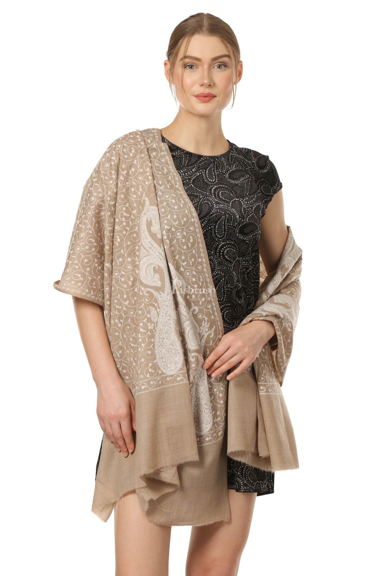 Pashtush India Womens Shawls Pashtush Womens Fine Wool Shawl With Tone On Tone Embroidery, Soft And Warm, Light Weight