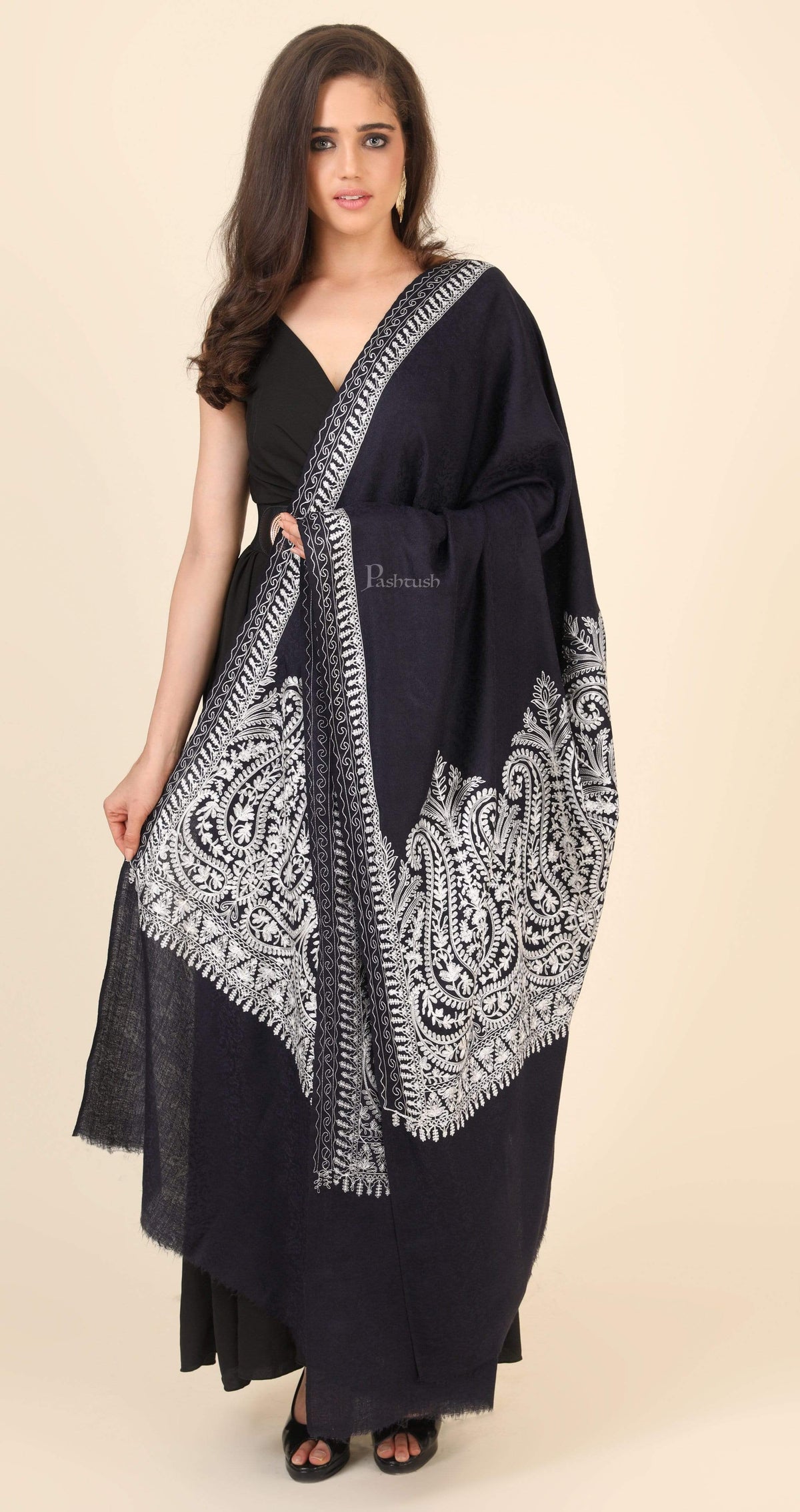 Pashtush India 114x228 Pashtush Womens Fine Wool Shawl, With Tone on Tone Nalki Embroidery, Soft and Warm