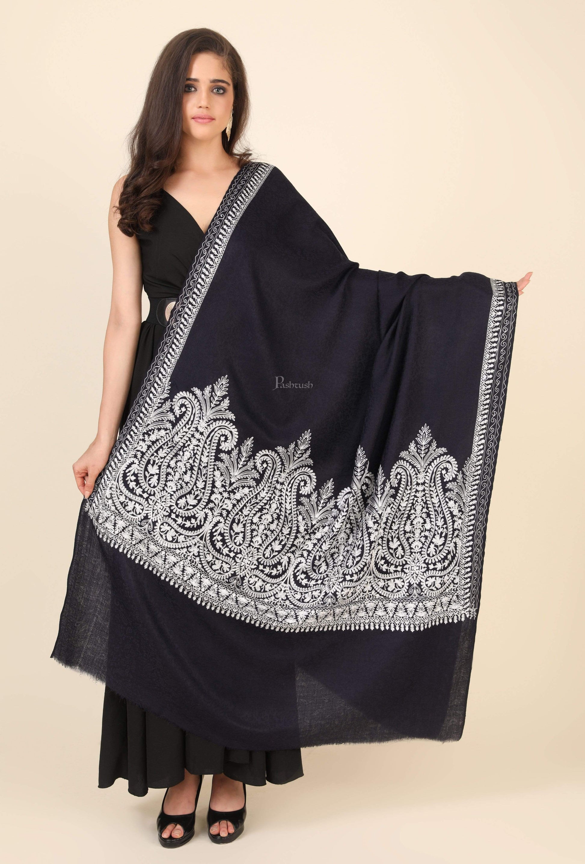 Pashtush India 114x228 Pashtush Womens Fine Wool Shawl, With Tone on Tone Nalki Embroidery, Soft and Warm