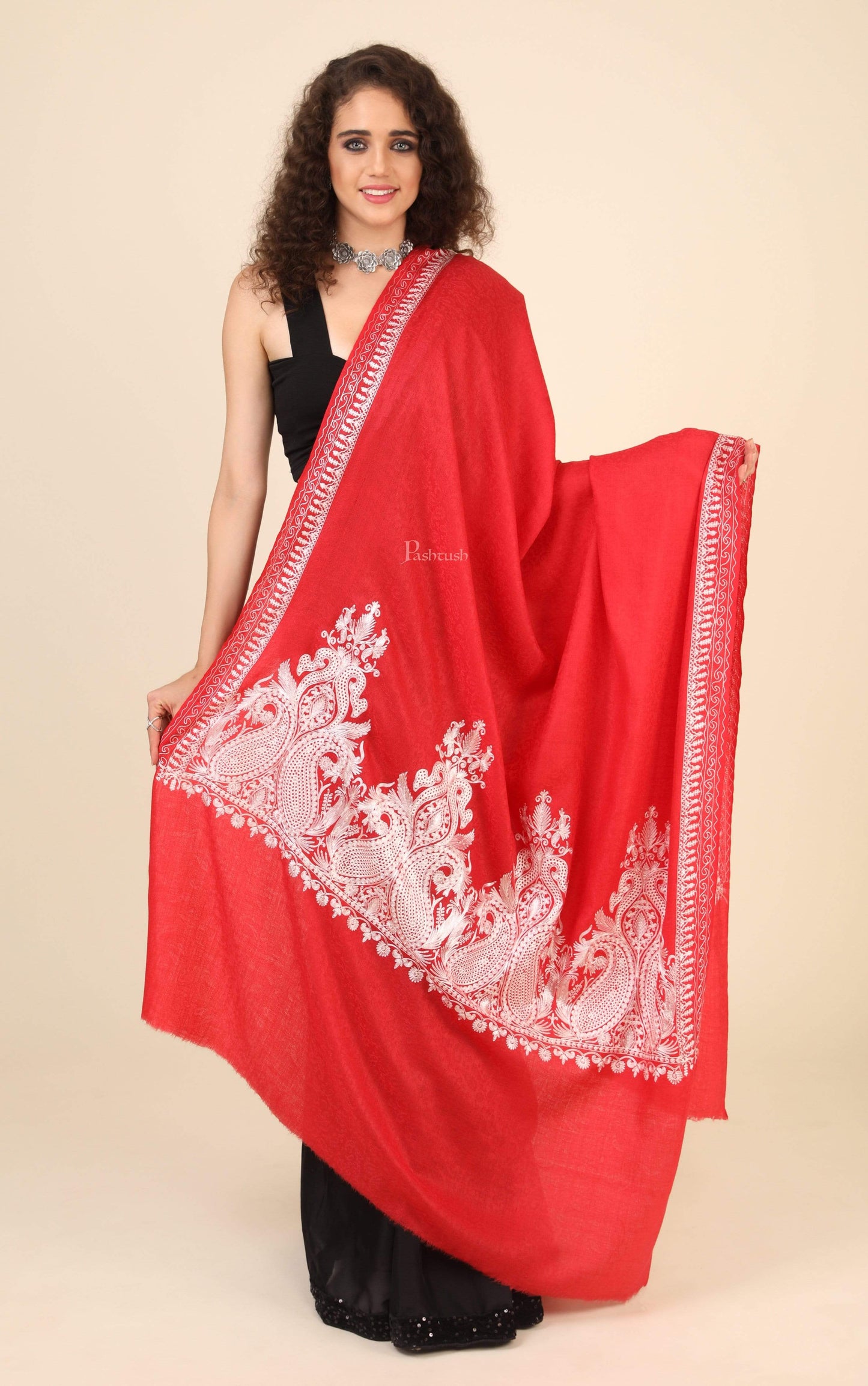 Pashtush India 114x228 Pashtush Womens Fine Wool Shawl, With Tone on Tone Nalki Embroidery, Soft and Warm