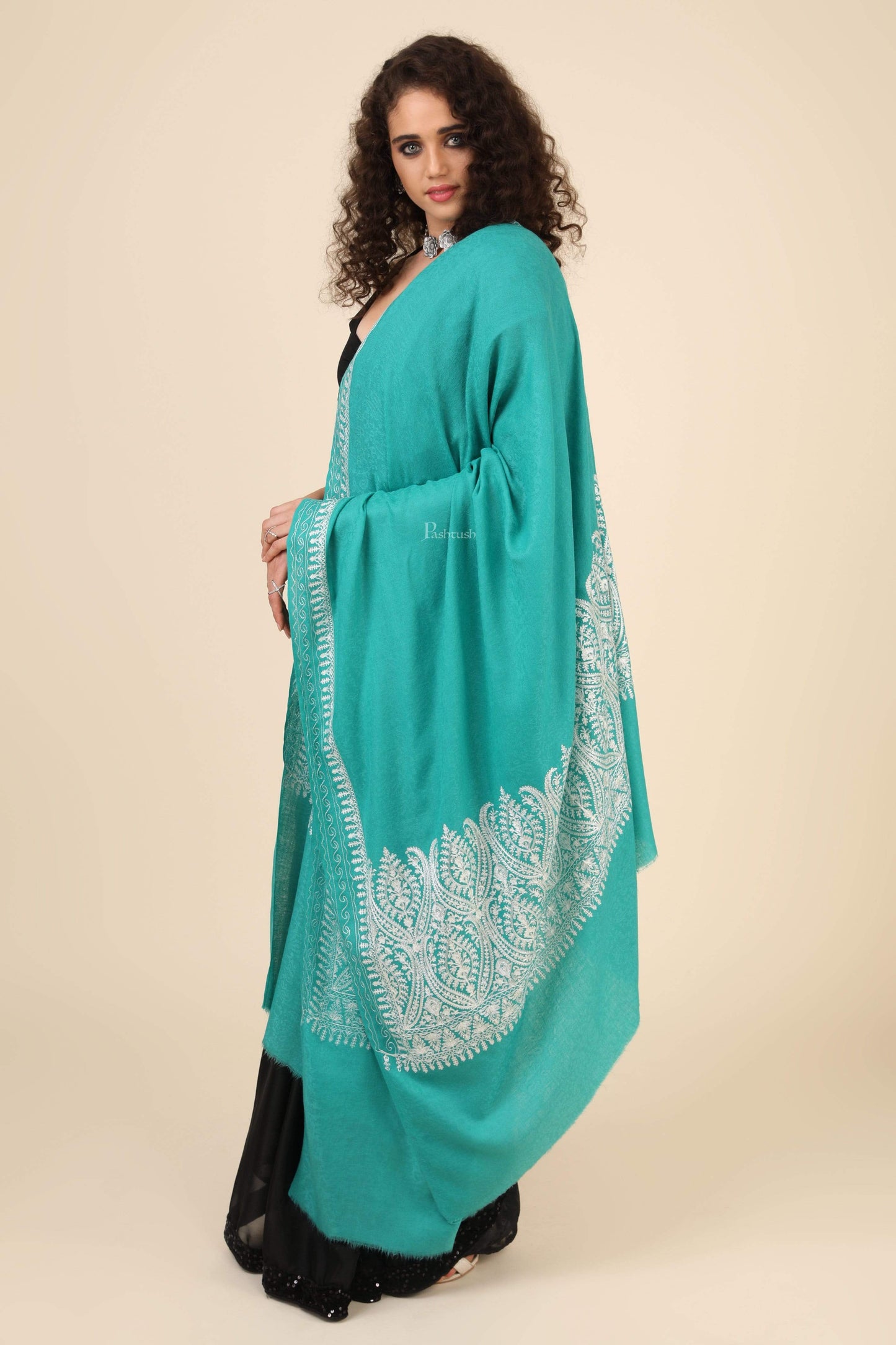 Pashtush India 114x228 Pashtush Womens Fine Wool Shawl, With Tone on Tone Nalki Embroidery, Soft and Warm