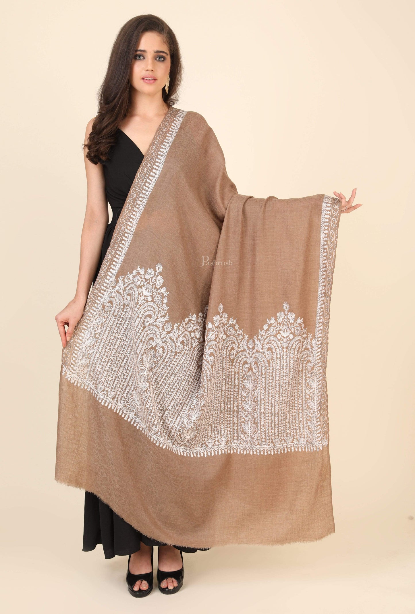 Pashtush India 114x228 Pashtush Womens Fine Wool Shawl, With Tone on Tone Nalki Embroidery, Soft and Warm