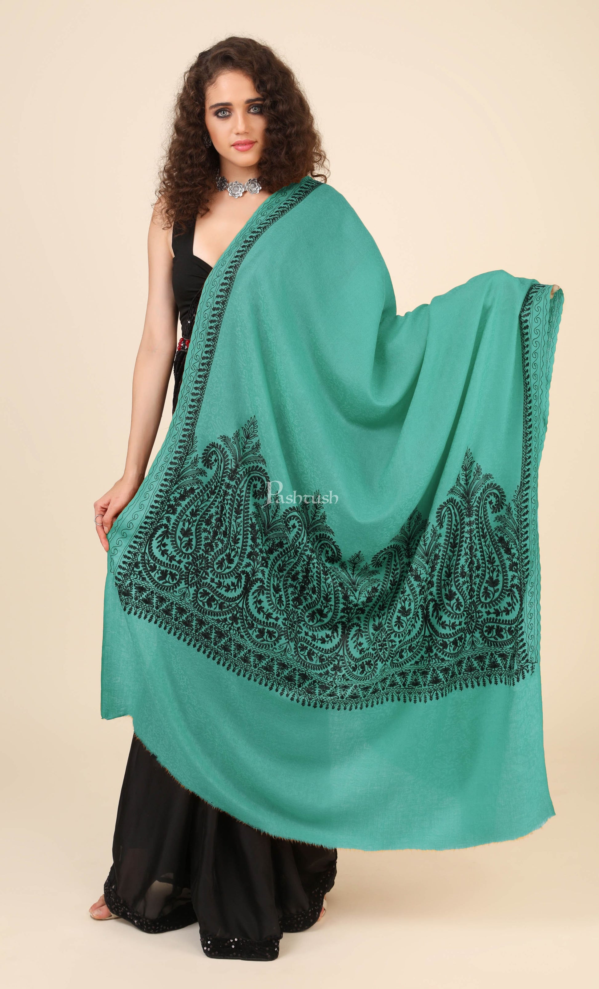 Pashtush India Womens Shawls Pashtush Womens Fine Wool Shawl, With Tone On Tone Nalki Embroidery, Soft And Warm, Arabic Sea Blue