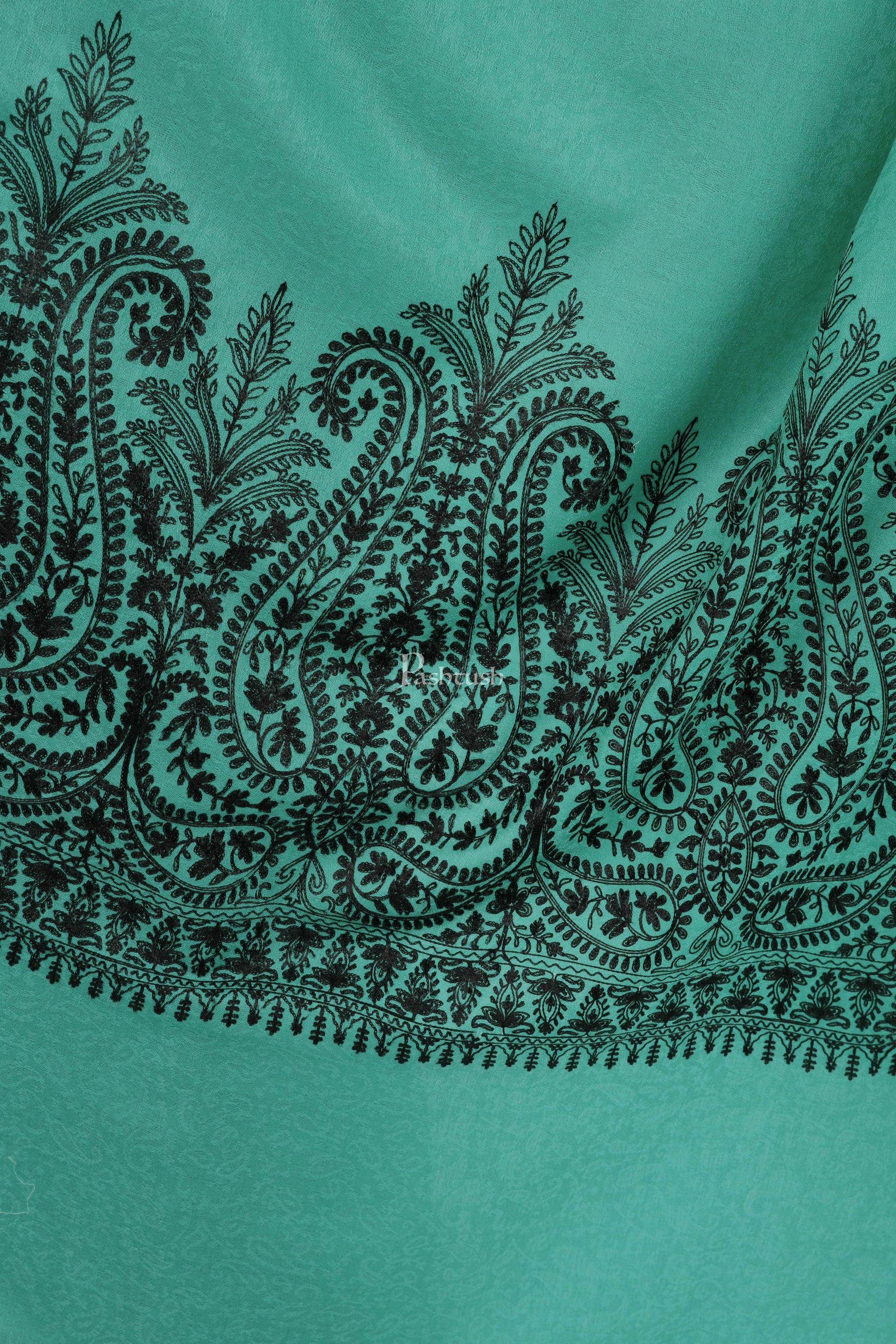 Pashtush India Womens Shawls Pashtush Womens Fine Wool Shawl, With Tone On Tone Nalki Embroidery, Soft And Warm, Arabic Sea Blue