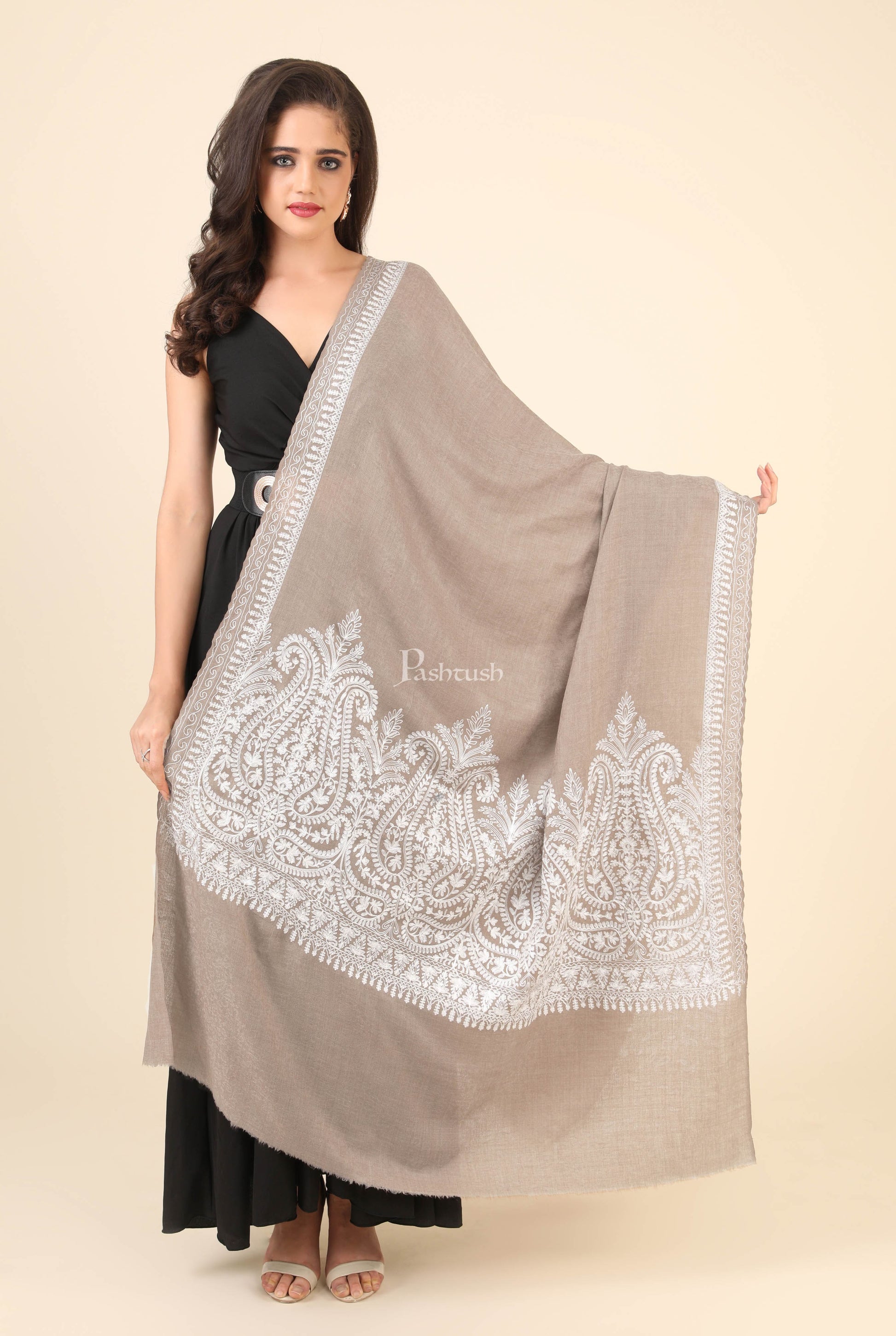 Pashtush India Womens Shawls Pashtush Womens Fine Wool Shawl, With Tone On Tone Nalki Embroidery, Soft And Warm, Beige