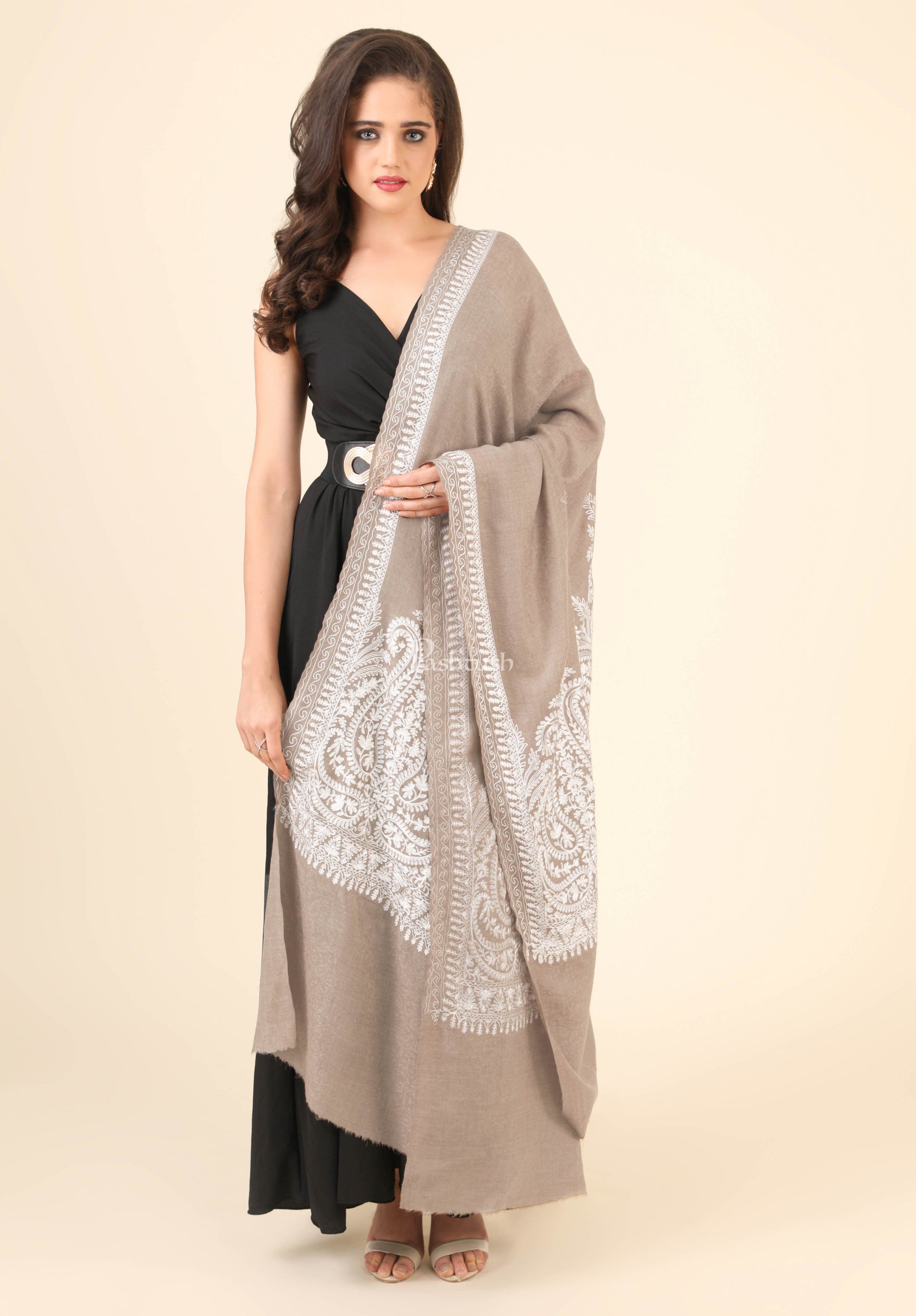 Pashtush India Womens Shawls Pashtush Womens Fine Wool Shawl, With Tone On Tone Nalki Embroidery, Soft And Warm, Beige