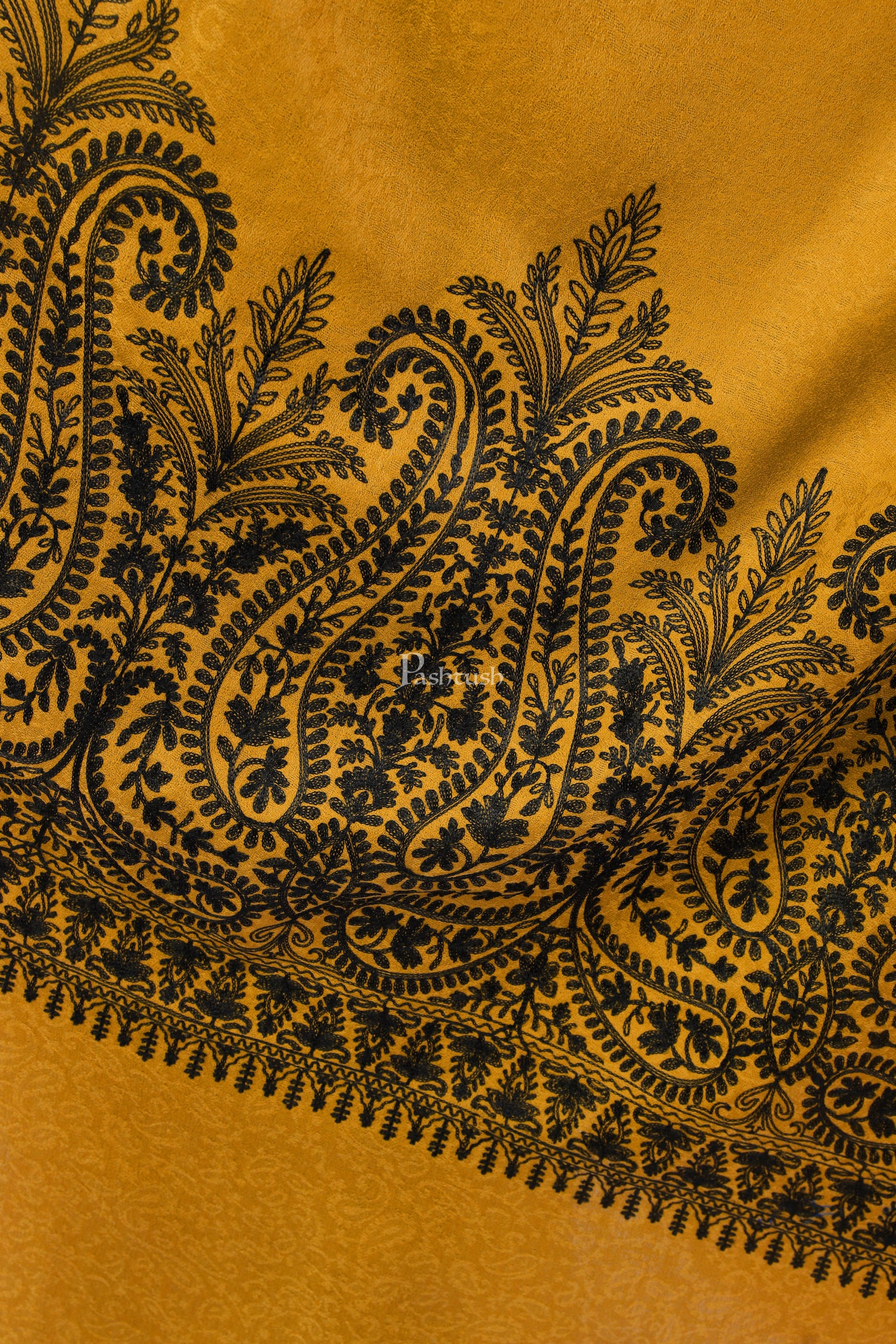 Pashtush India Womens Shawls Pashtush Womens Fine Wool Shawl, With Tone On Tone Nalki Embroidery, Soft And Warm, Mustard