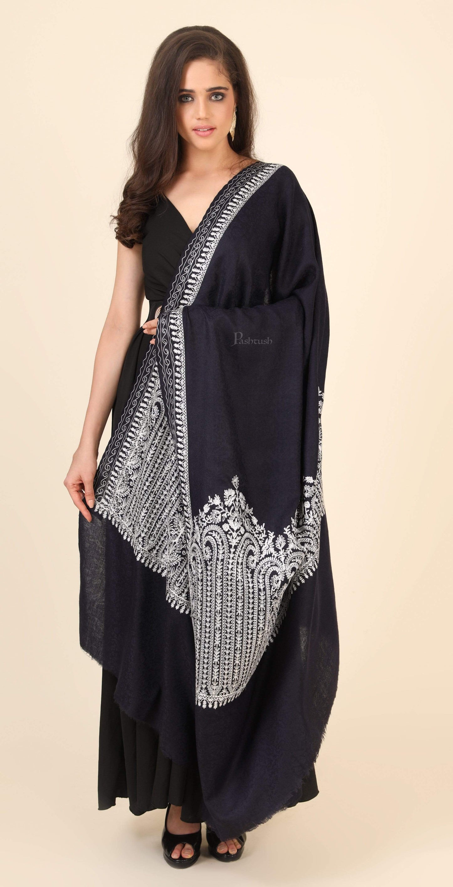 Pashtush India 114x228 Pashtush Womens Fine Wool Shawl, With Tone on Tone Nalki Embroidery, Soft and Warm, Navy Blue