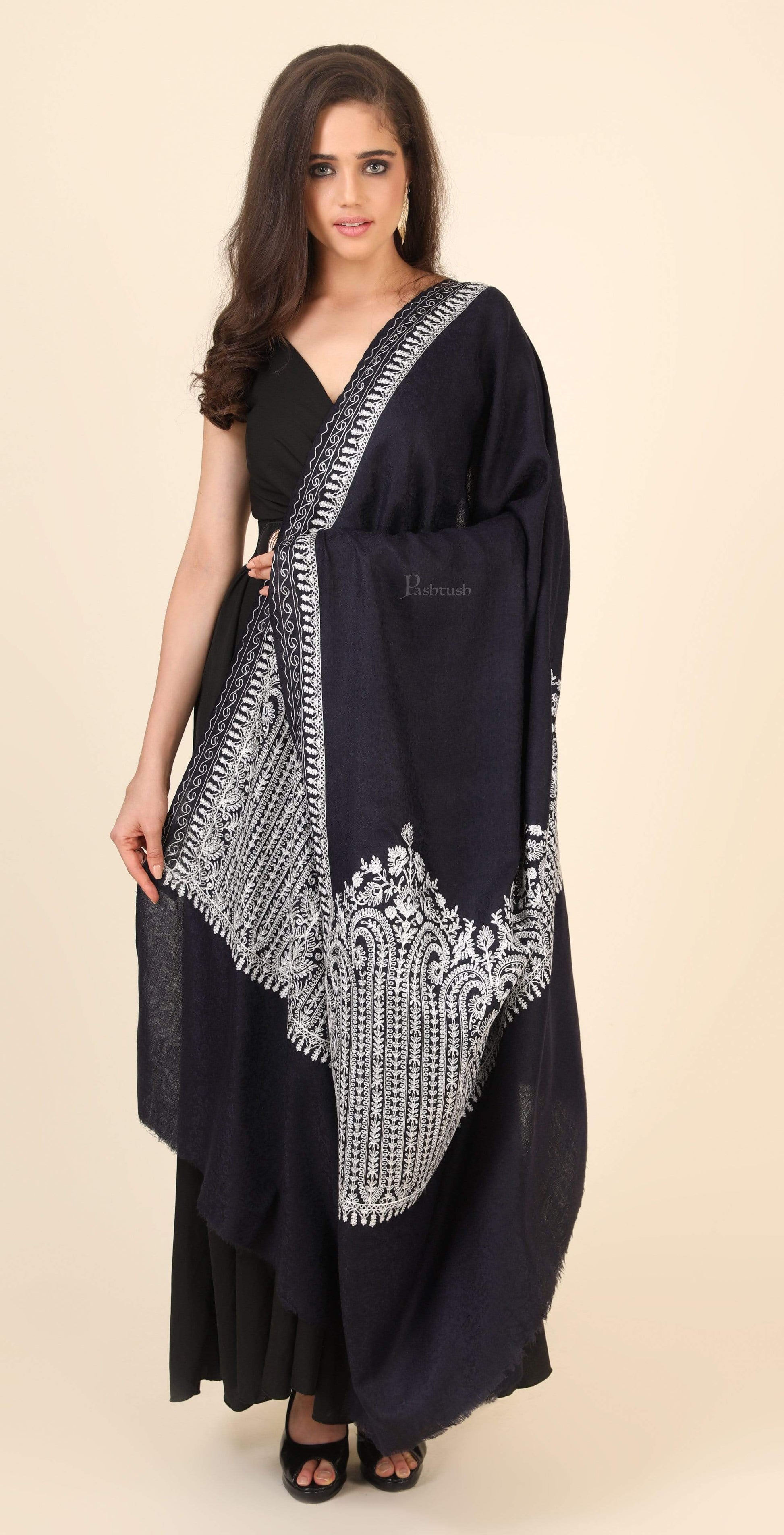 Pashtush India 114x228 Pashtush Womens Fine Wool Shawl, With Tone on Tone Nalki Embroidery, Soft and Warm, Navy Blue