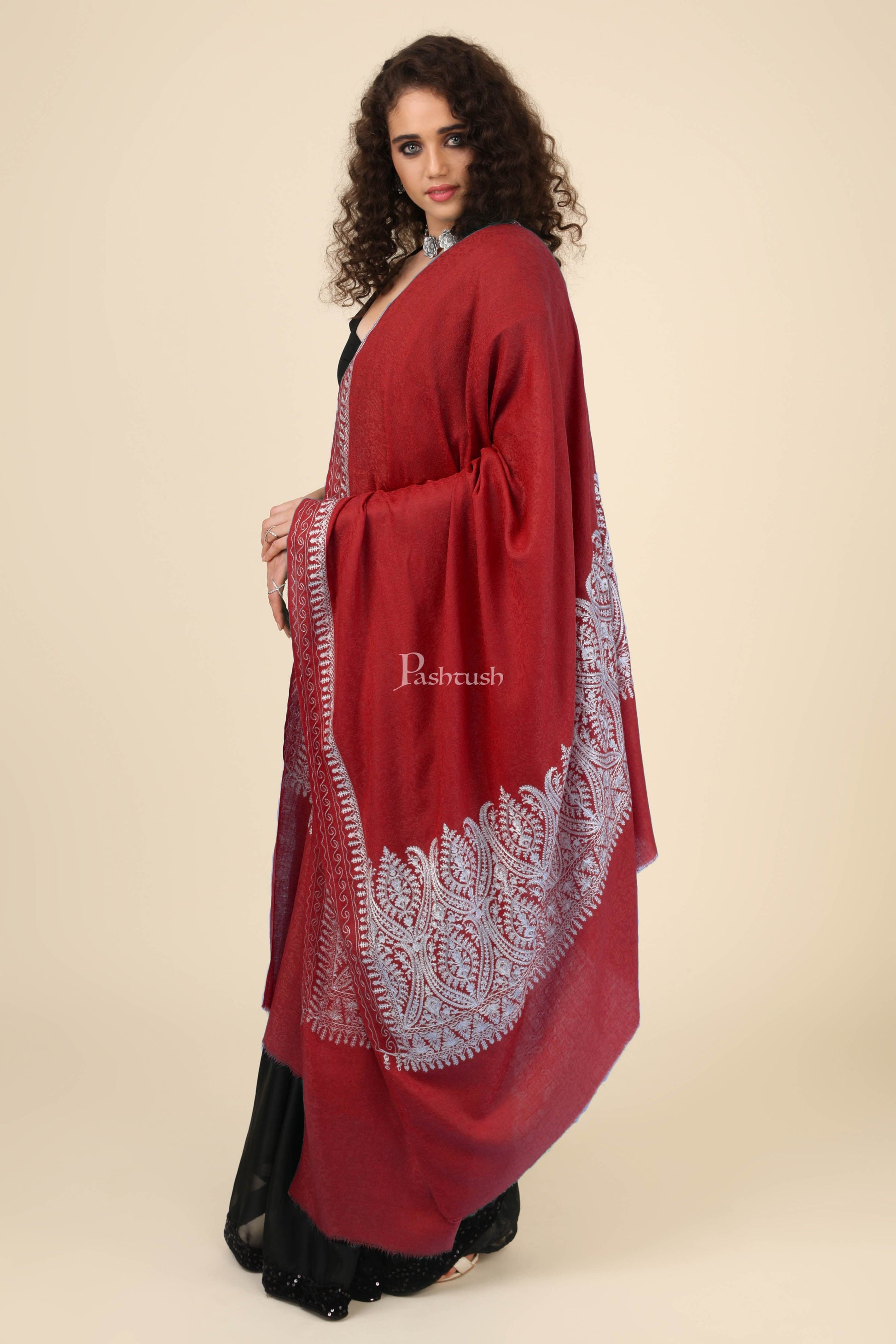 Pashtush India Womens Shawls Pashtush Womens Fine Wool Shawl, With Tone On Tone Nalki Embroidery, Soft And Warm, Red