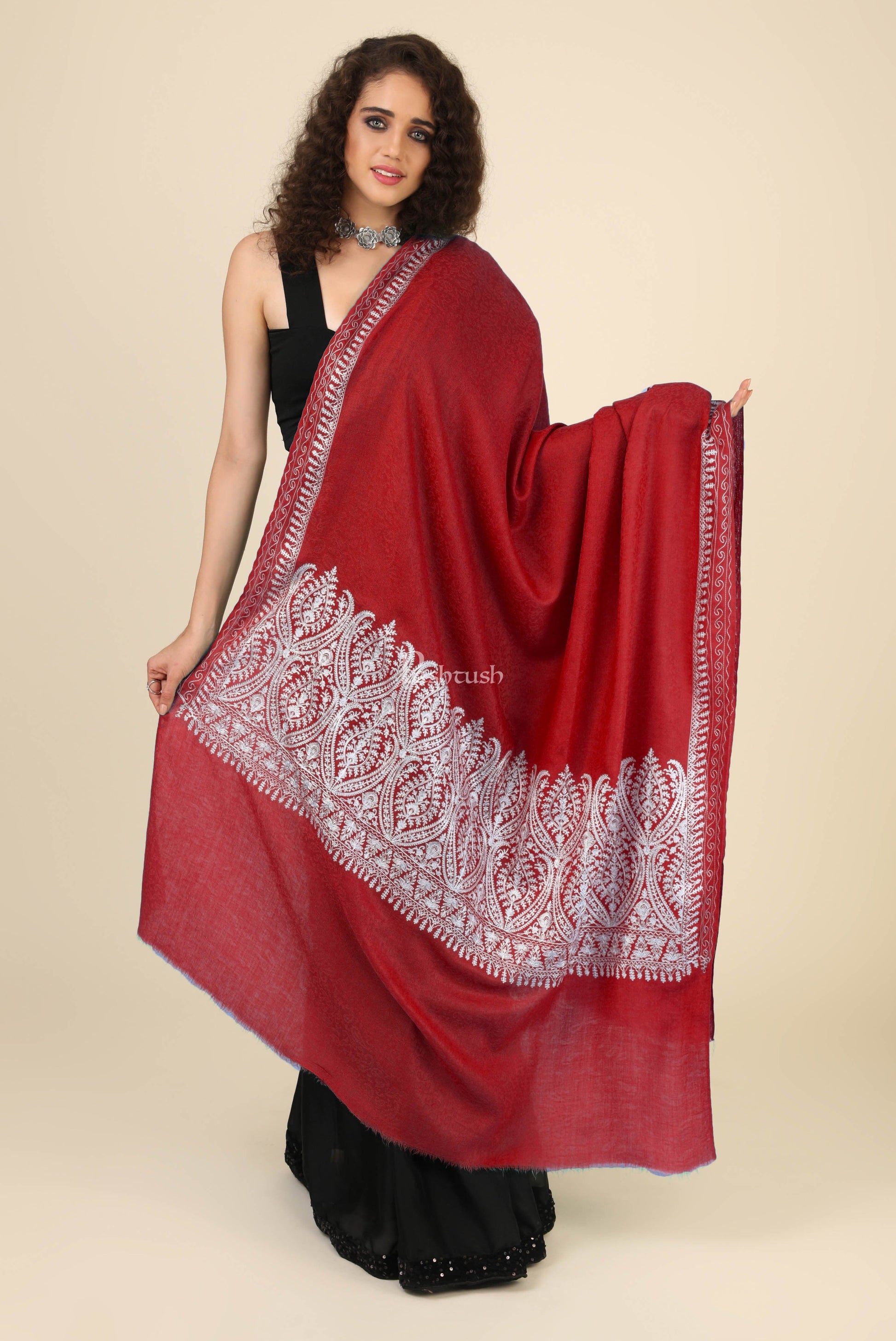 Pashtush India Womens Shawls Pashtush Womens Fine Wool Shawl, With Tone On Tone Nalki Embroidery, Soft And Warm, Red