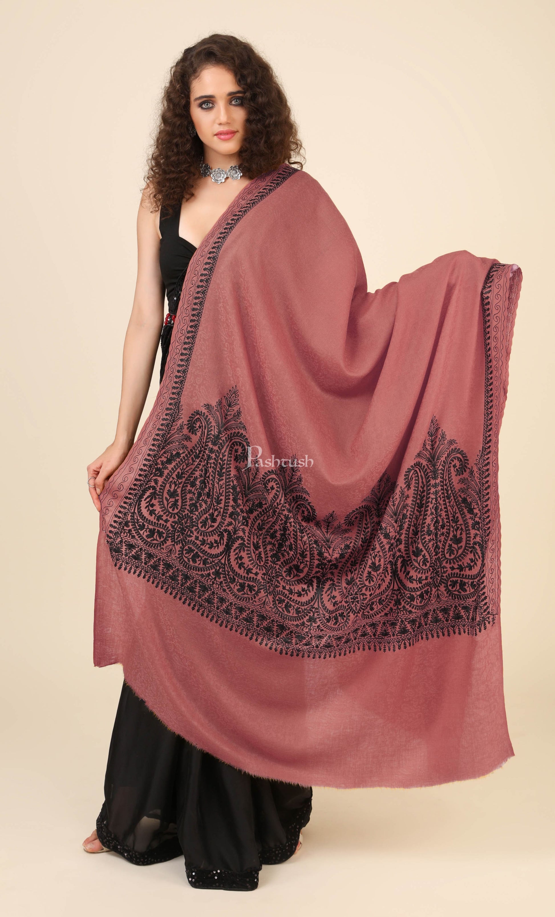Pashtush India Womens Shawls Pashtush Womens Fine Wool Shawl, With Tone On Tone Nalki Embroidery, Soft And Warm, Rose