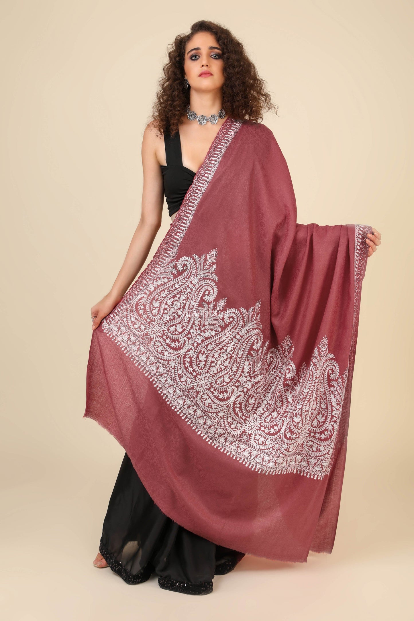 Pashtush India Womens Shawls Pashtush Womens Fine Wool Shawl, With Tone On Tone Nalki Embroidery, Soft And Warm, Rose