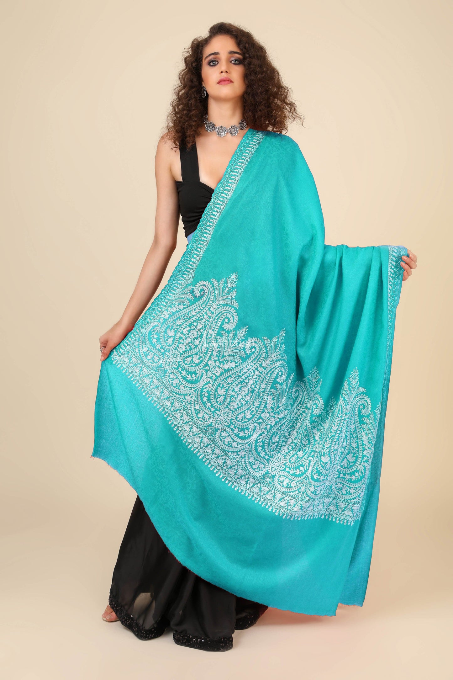 Pashtush India Womens Shawls Pashtush Womens Fine Wool Shawl, With Tone On Tone Nalki Embroidery, Soft And Warm, Sku Blue