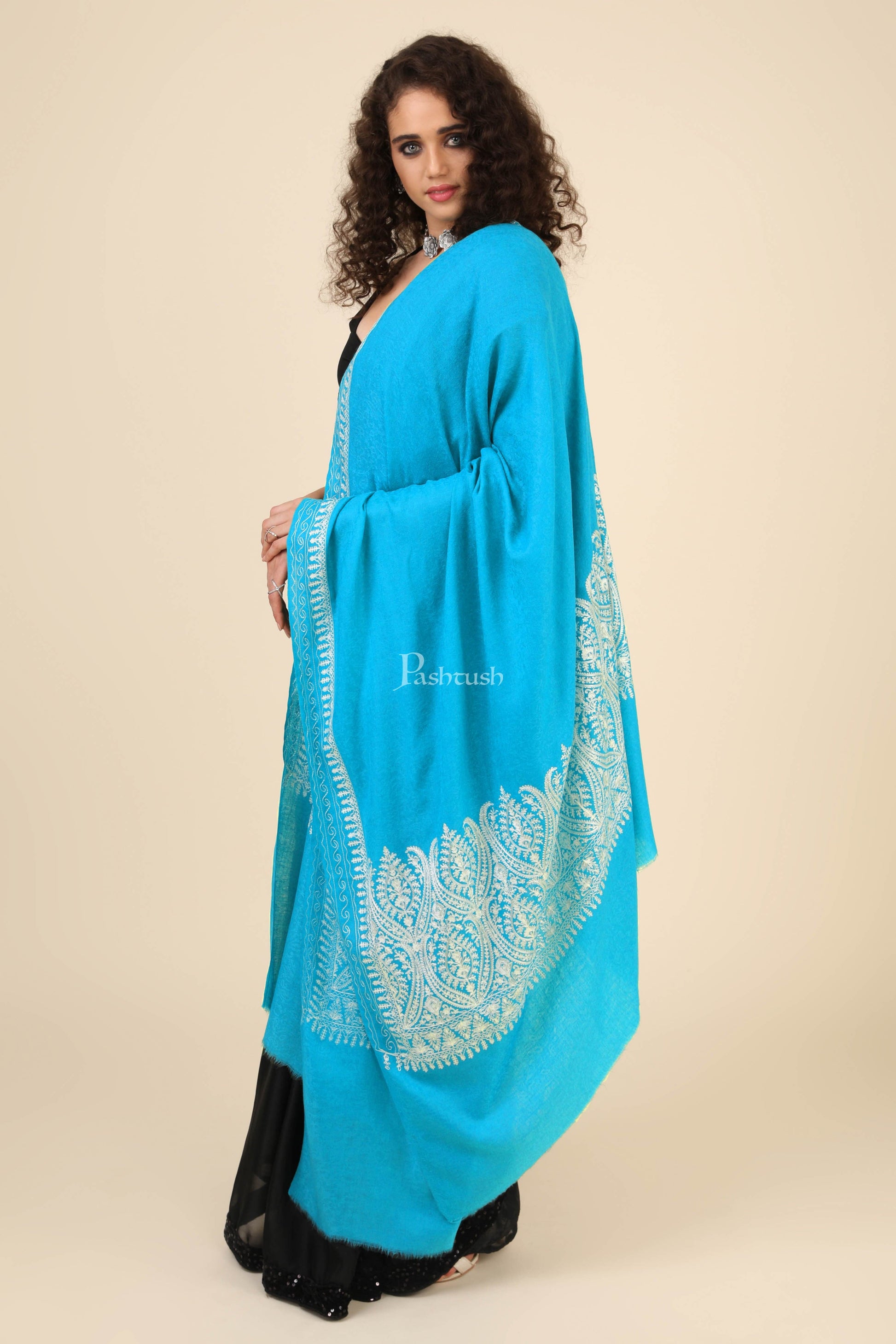 Pashtush India Womens Shawls Pashtush Womens Fine Wool Shawl, With Tone On Tone Nalki Embroidery, Soft And Warm, Sky Blue