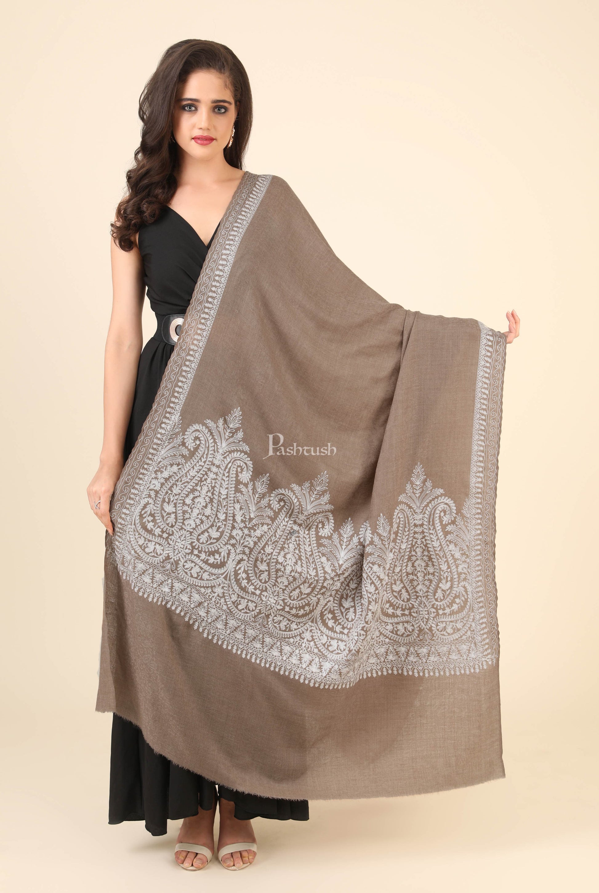 Pashtush India Womens Shawls Pashtush Womens Fine Wool Shawl, With Tone On Tone Nalki Embroidery, Soft And Warm, Taupe