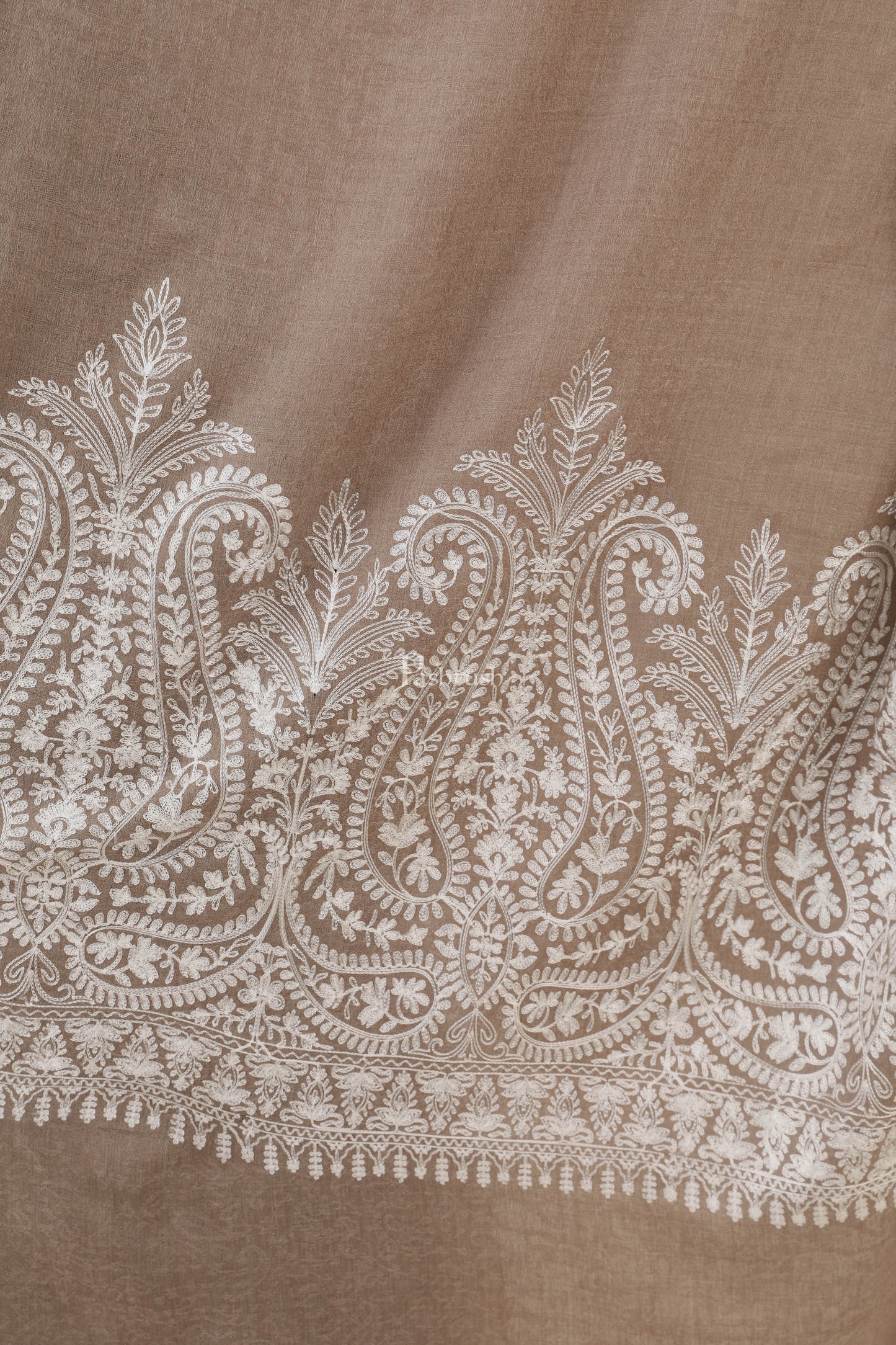 Pashtush India Womens Shawls Pashtush Womens Fine Wool Shawl, With Tone On Tone Nalki Embroidery, Soft And Warm, Taupe