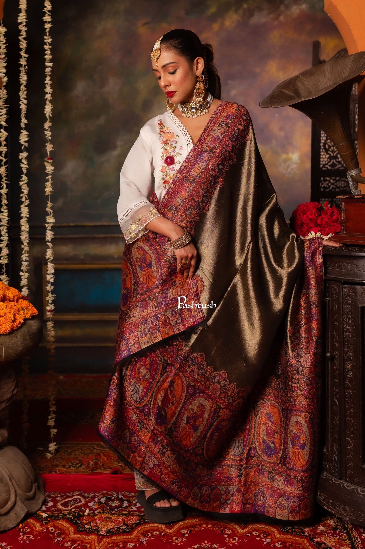 Pashtush India Womens Shawls Pashtush Womens Fine Wool Shawl, Woven King And Queen Design, Multicolour