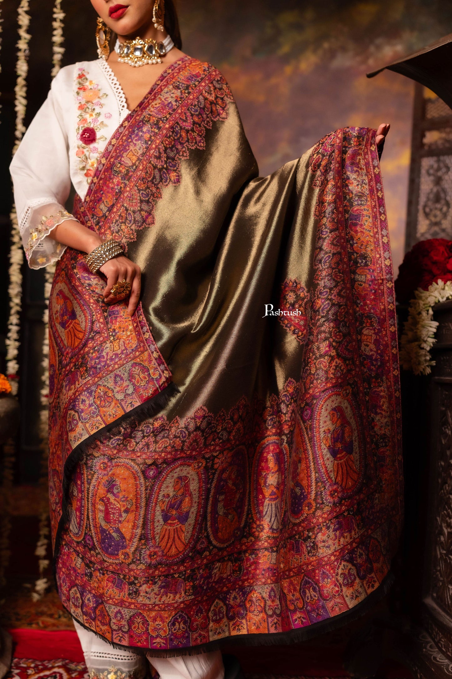 Pashtush India Womens Shawls Pashtush Womens Fine Wool Shawl, Woven King And Queen Design, Multicolour