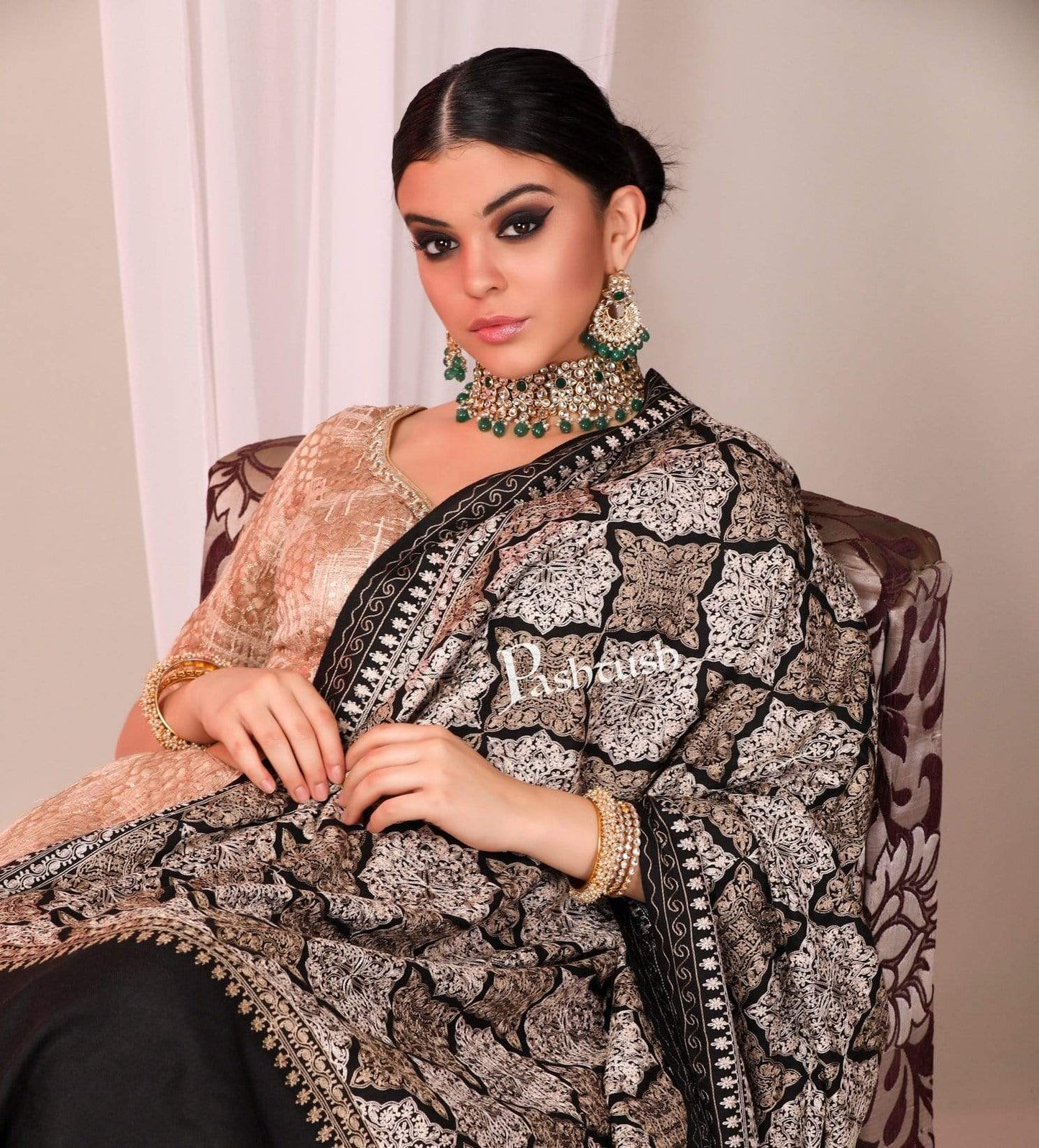 Pashtush Store Shawl Pashtush Womens Fine Wool, Silky Nalki Embroidery Needlework Shawl, Black