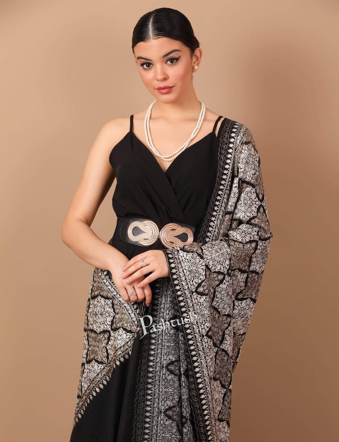 Pashtush Store Shawl Pashtush Womens Fine Wool, Silky Nalki Embroidery Needlework Shawl, Black