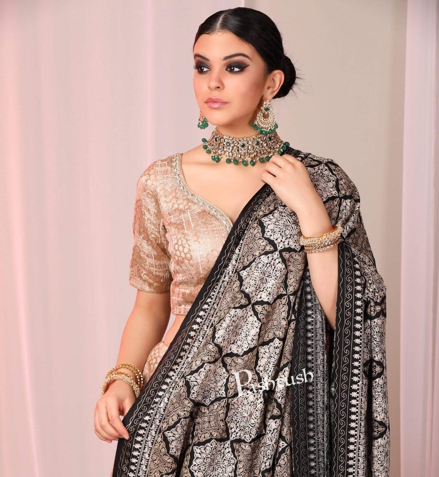 Pashtush Store Shawl Pashtush Womens Fine Wool, Silky Nalki Embroidery Needlework Shawl, Black