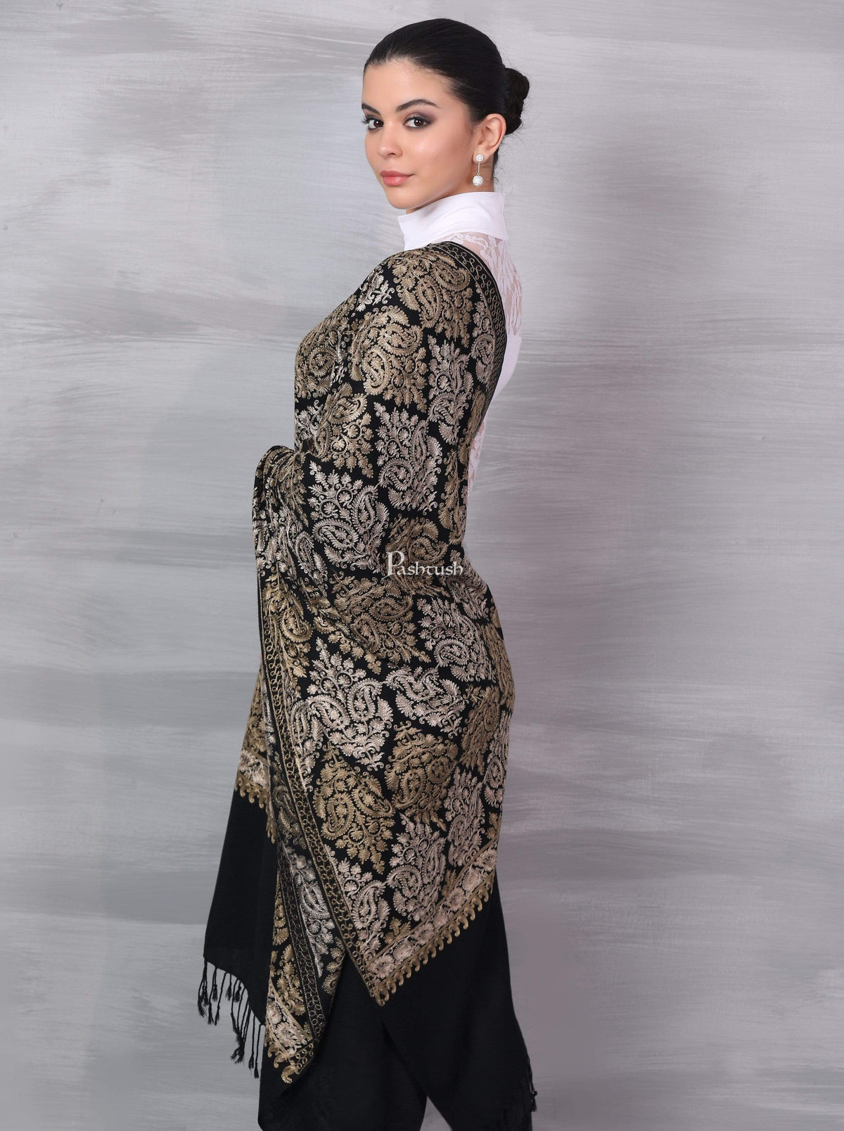Pashtush Store Stole Pashtush Womens Fine Wool, Silky Nalki Embroidery Needlework Stole, Black