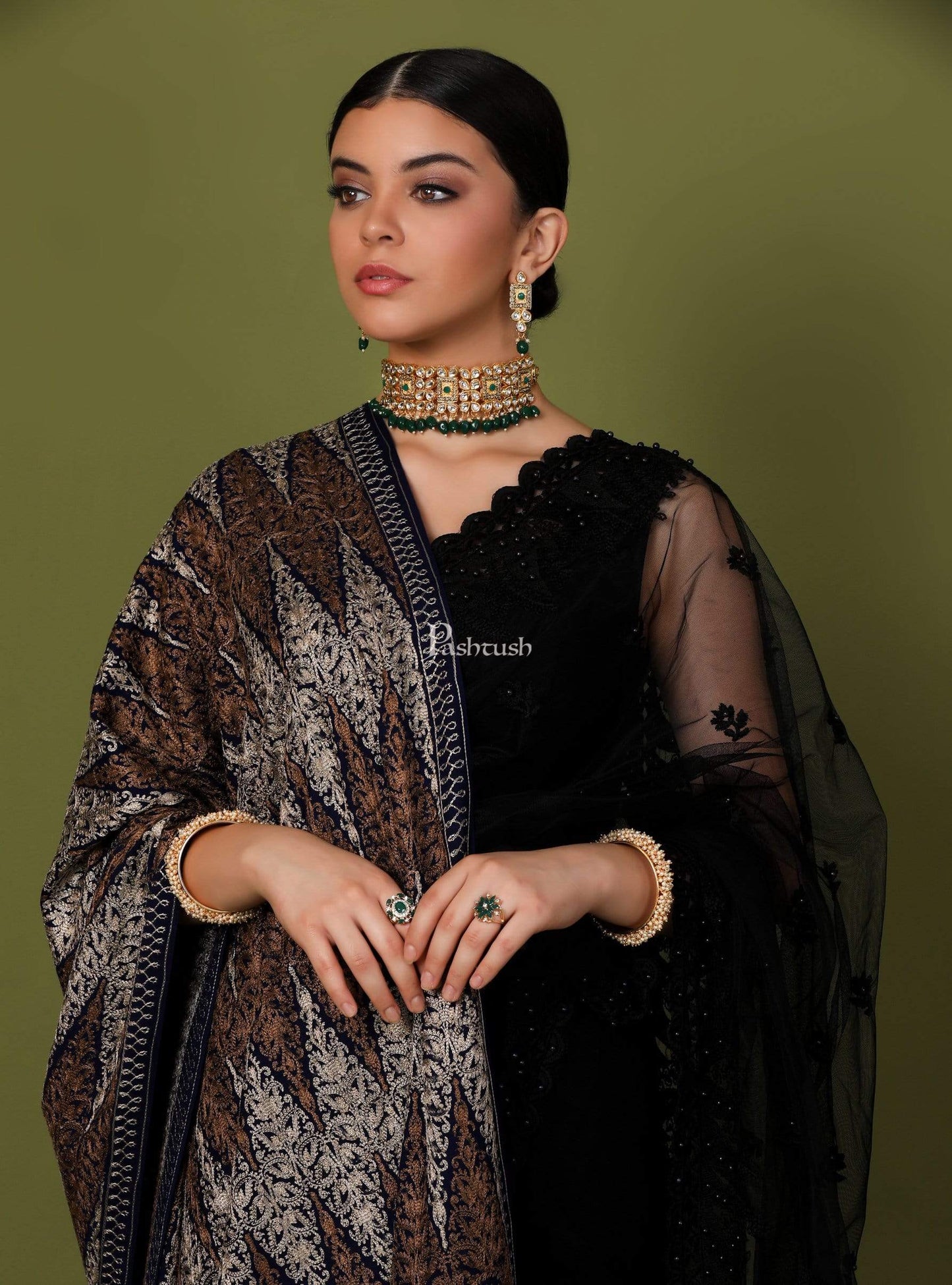 Pashtush Store Stole Pashtush Womens Fine Wool, Silky Nalki Embroidery Needlework Stole, Black