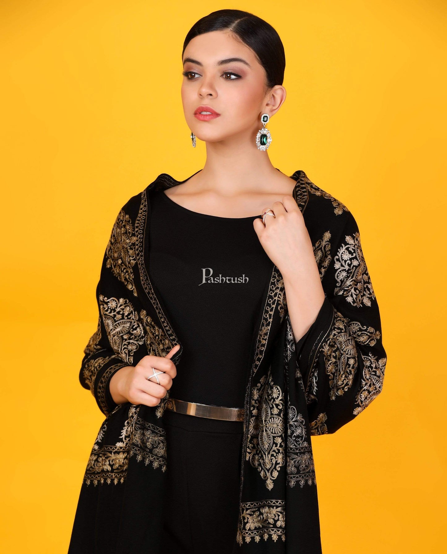 Pashtush Store Stole Pashtush Womens Fine Wool, Silky Nalki Embroidery Needlework Stole, Black