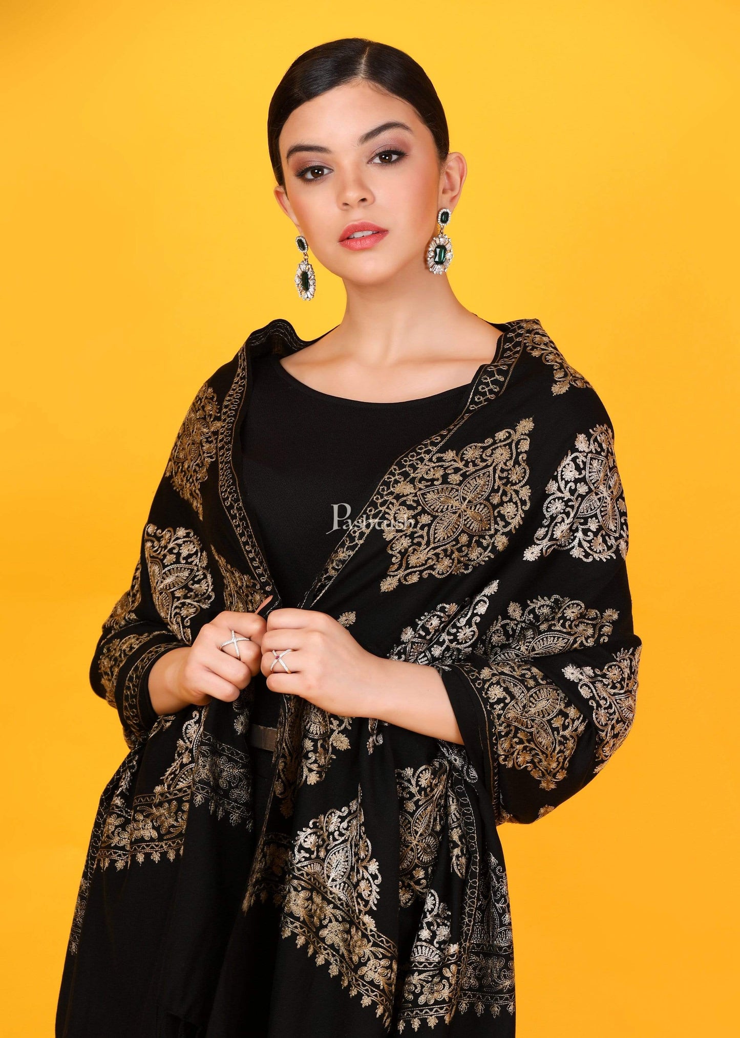 Pashtush Store Stole Pashtush Womens Fine Wool, Silky Nalki Embroidery Needlework Stole, Black