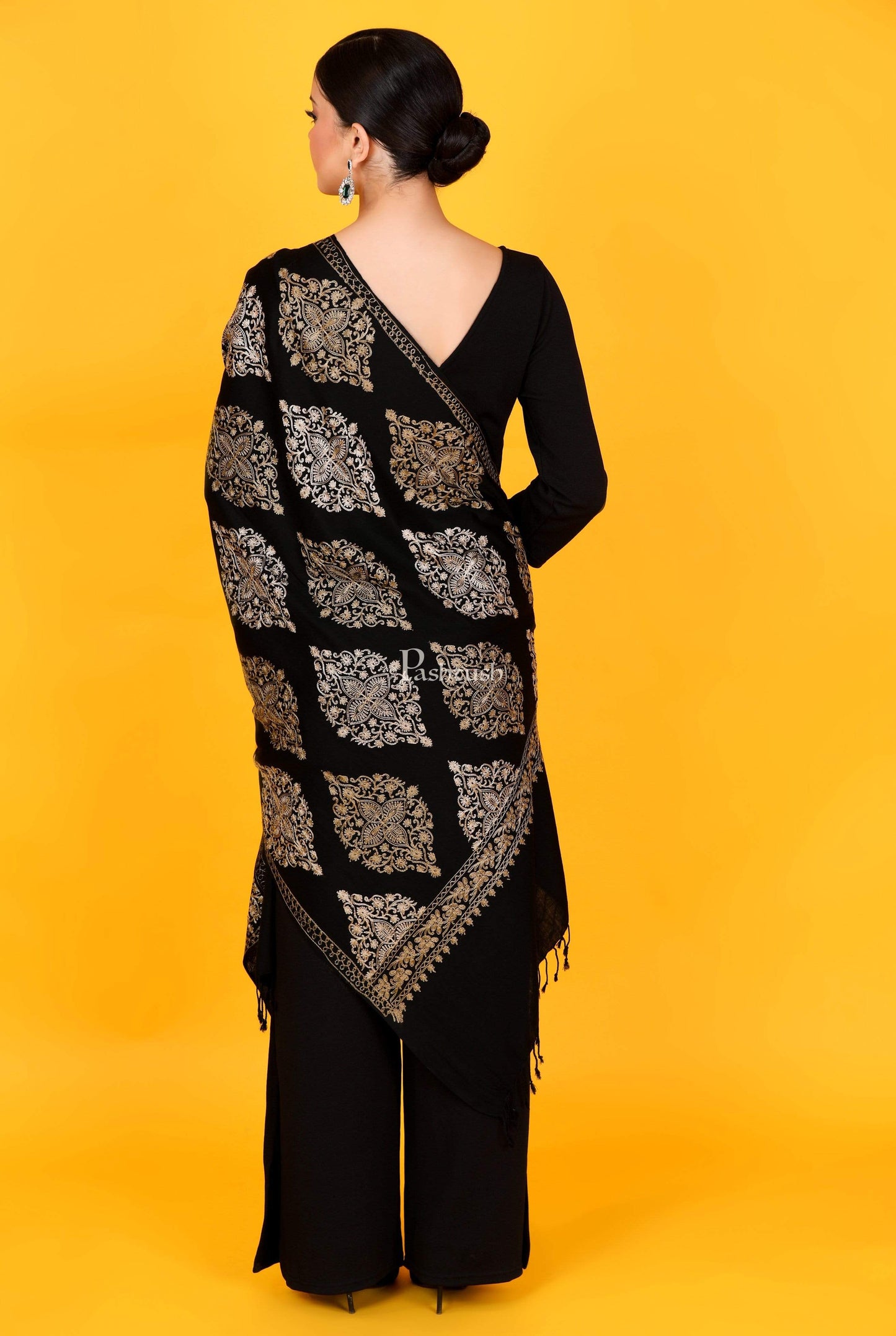 Pashtush Store Stole Pashtush Womens Fine Wool, Silky Nalki Embroidery Needlework Stole, Black