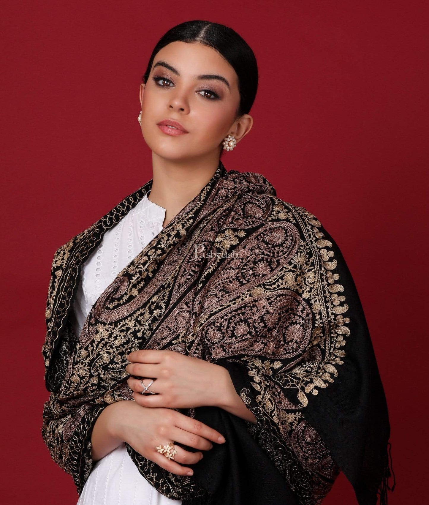 Pashtush Store Stole Pashtush Womens Fine Wool, Silky Nalki Embroidery Needlework Stole, Black