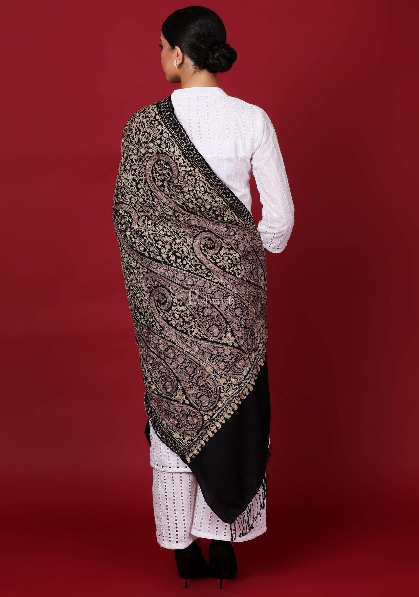 Pashtush Store Stole Pashtush Womens Fine Wool, Silky Nalki Embroidery Needlework Stole, Black