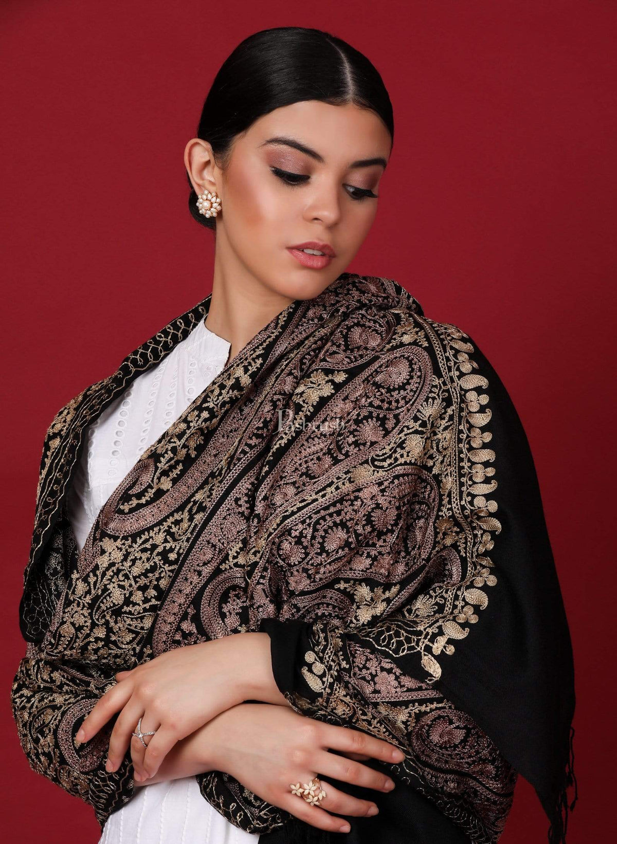 Pashtush Store Stole Pashtush Womens Fine Wool, Silky Nalki Embroidery Needlework Stole, Black