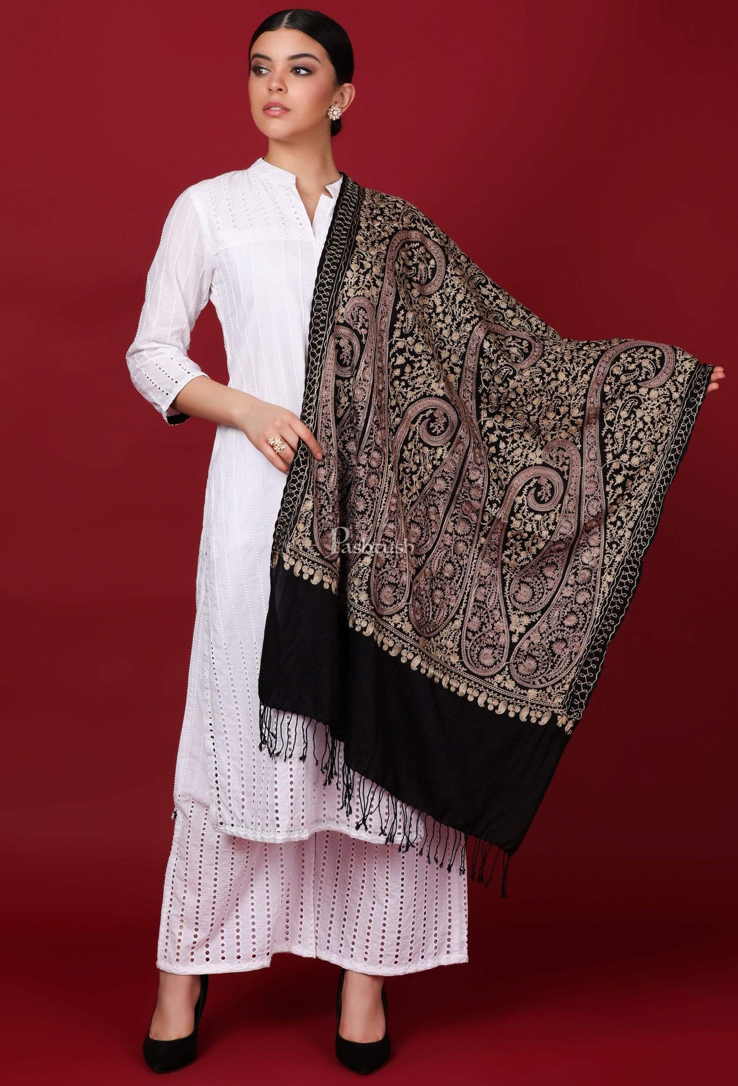 Pashtush Store Stole Pashtush Womens Fine Wool, Silky Nalki Embroidery Needlework Stole, Black
