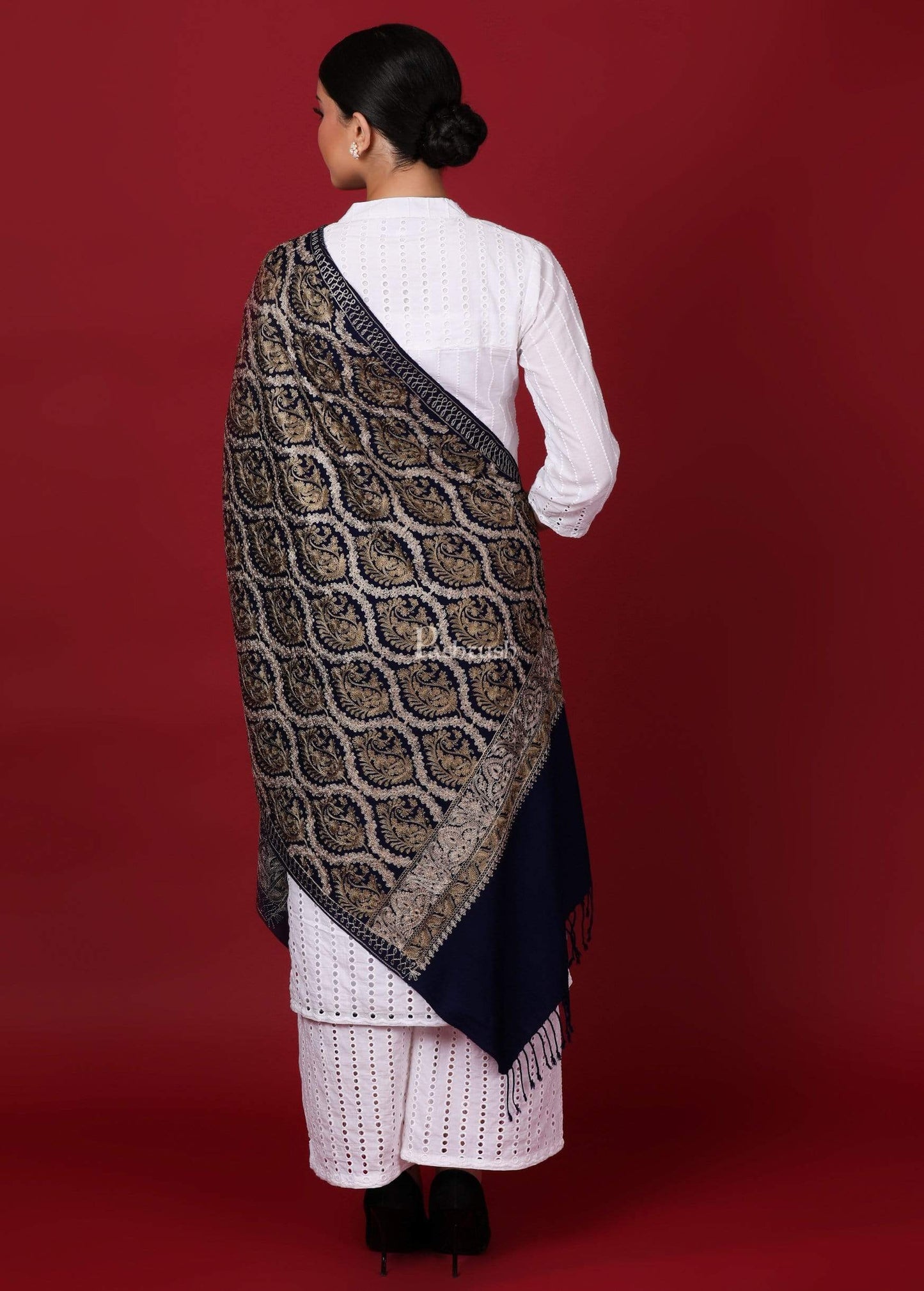 Pashtush Store Stole Pashtush Womens Fine Wool, Silky Nalki Embroidery Needlework Stole, Black