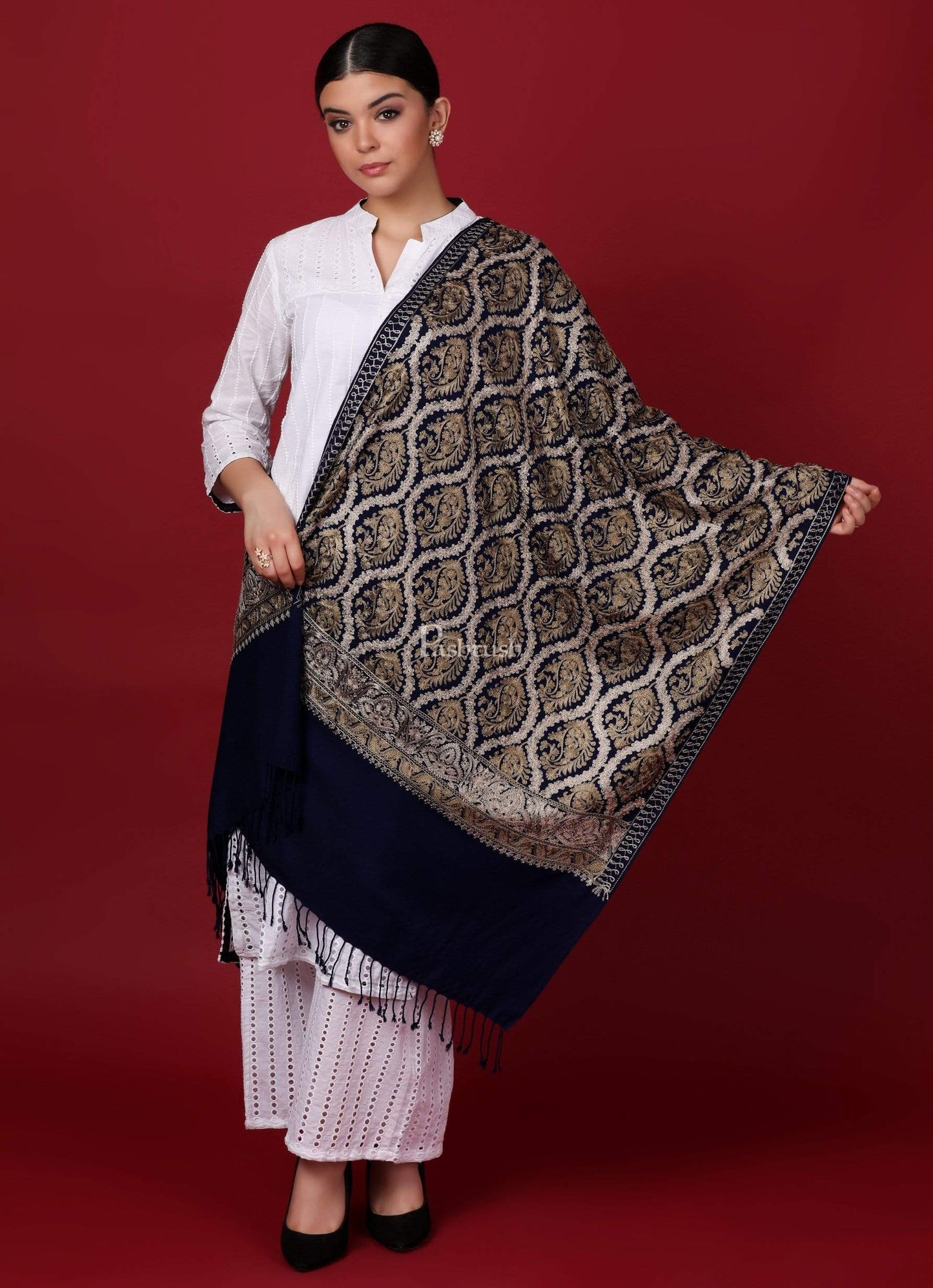 Pashtush Store Stole Pashtush Womens Fine Wool, Silky Nalki Embroidery Needlework Stole, Black