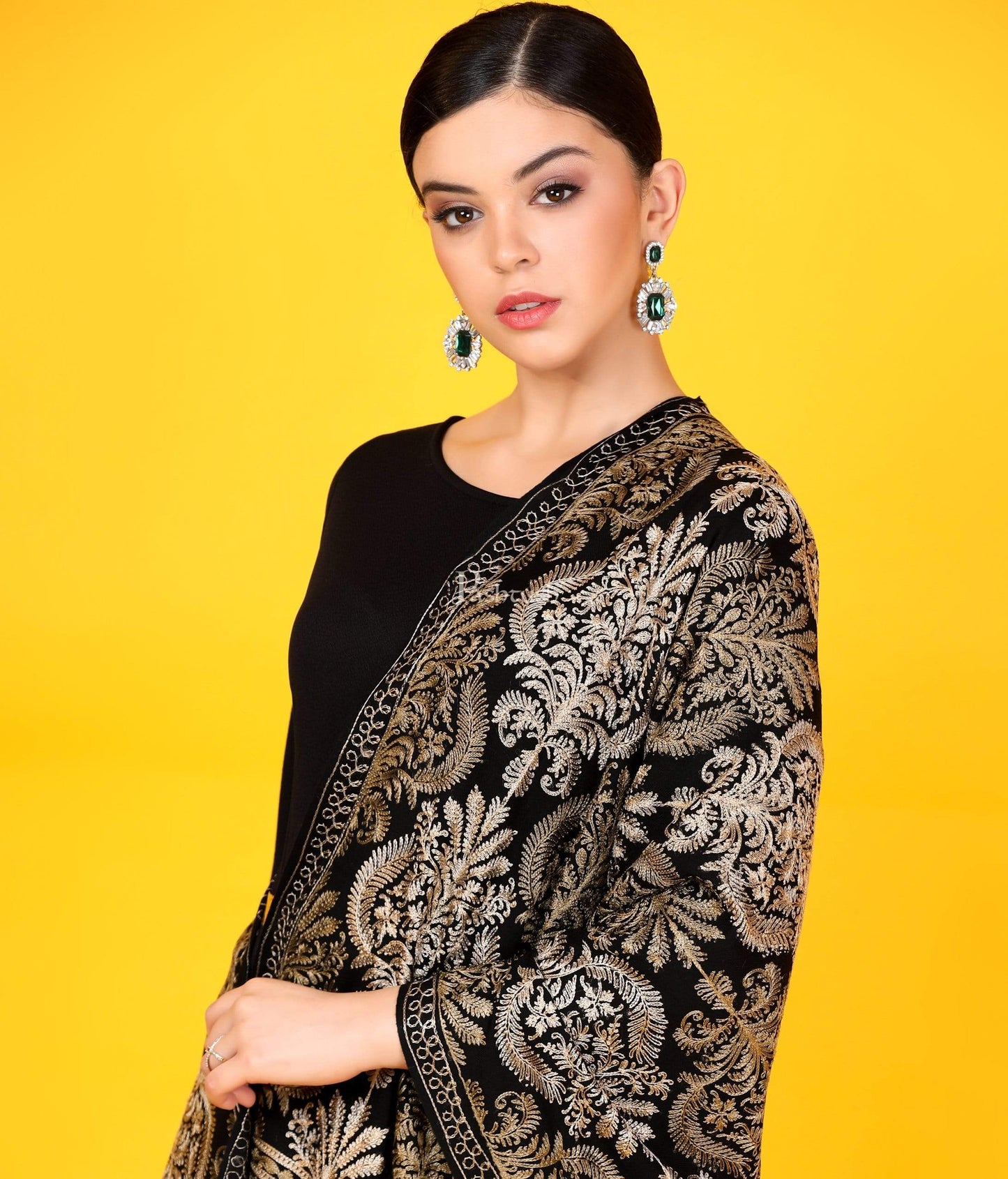 Pashtush Store Stole Pashtush Womens Fine Wool, Silky Nalki Embroidery Needlework Stole, Black