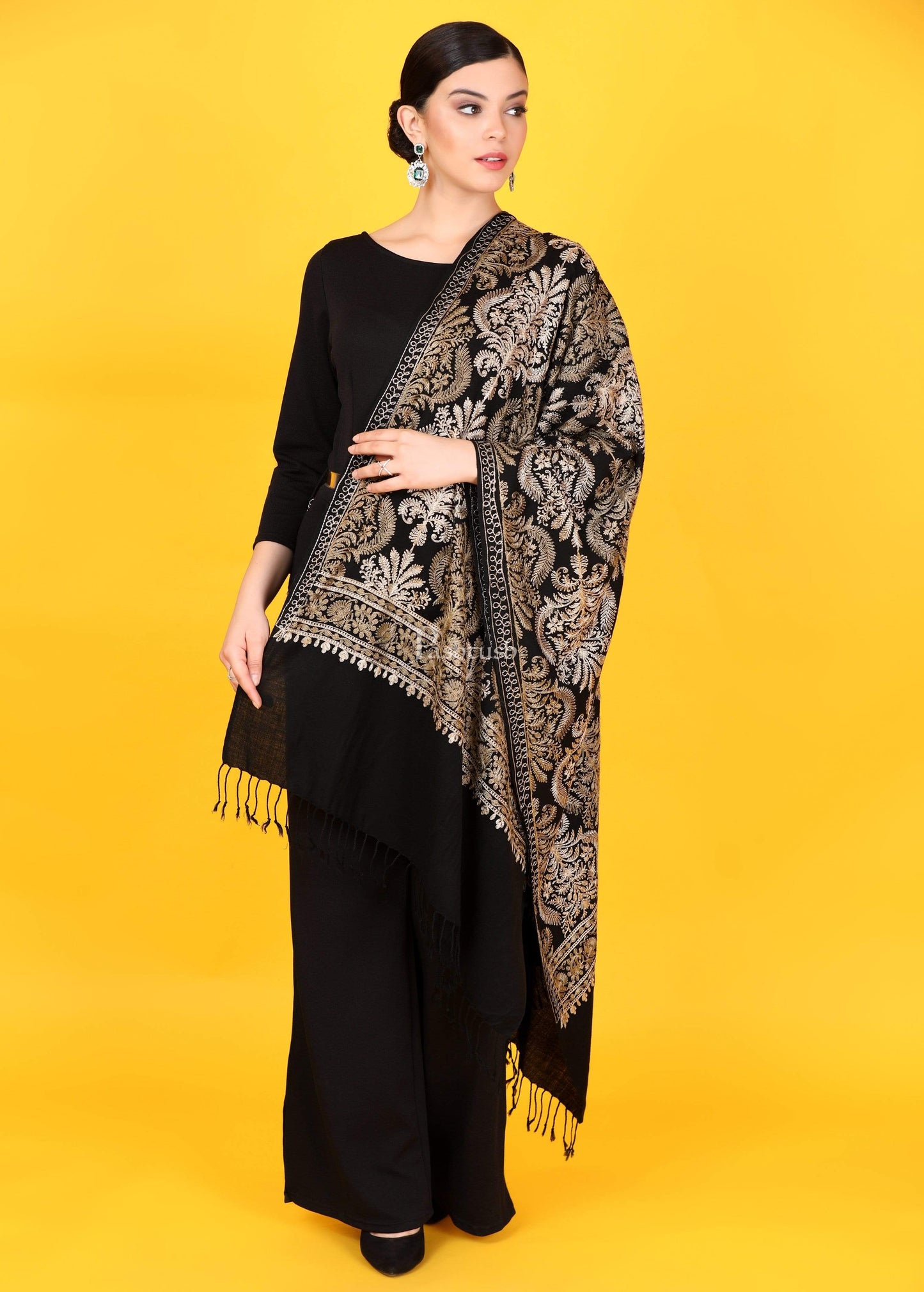 Pashtush Store Stole Pashtush Womens Fine Wool, Silky Nalki Embroidery Needlework Stole, Black