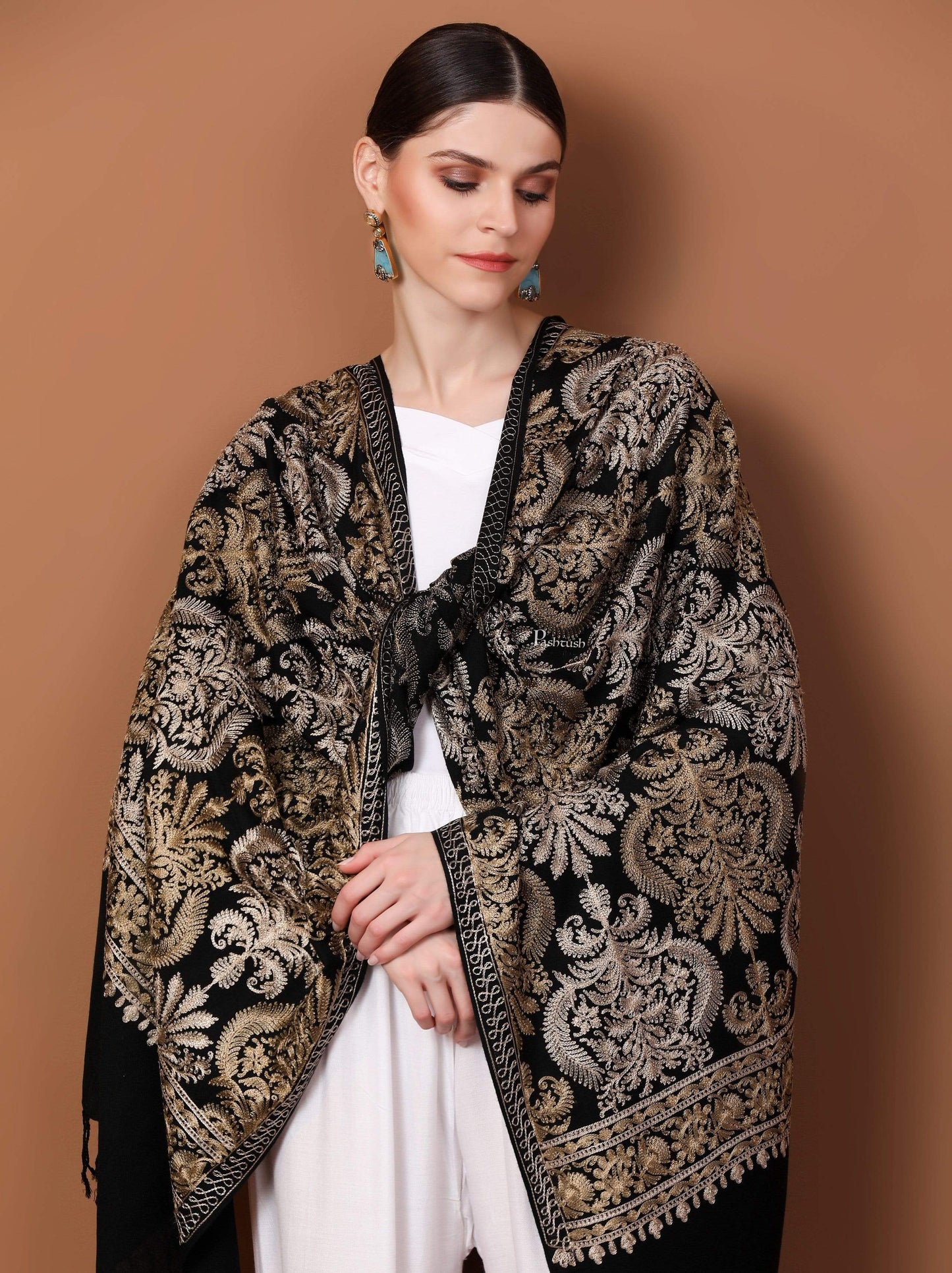 Pashtush Store Stole Pashtush Womens Fine Wool, Silky Nalki Embroidery Needlework Stole, Black