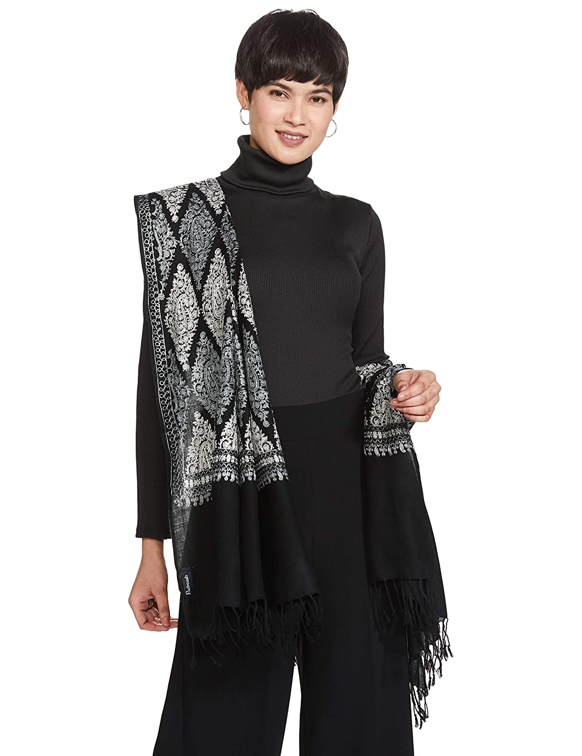 Pashtush India 70x200 Pashtush Womens Fine Wool, Silky Nalki Embroidery Needlework Stole, Black