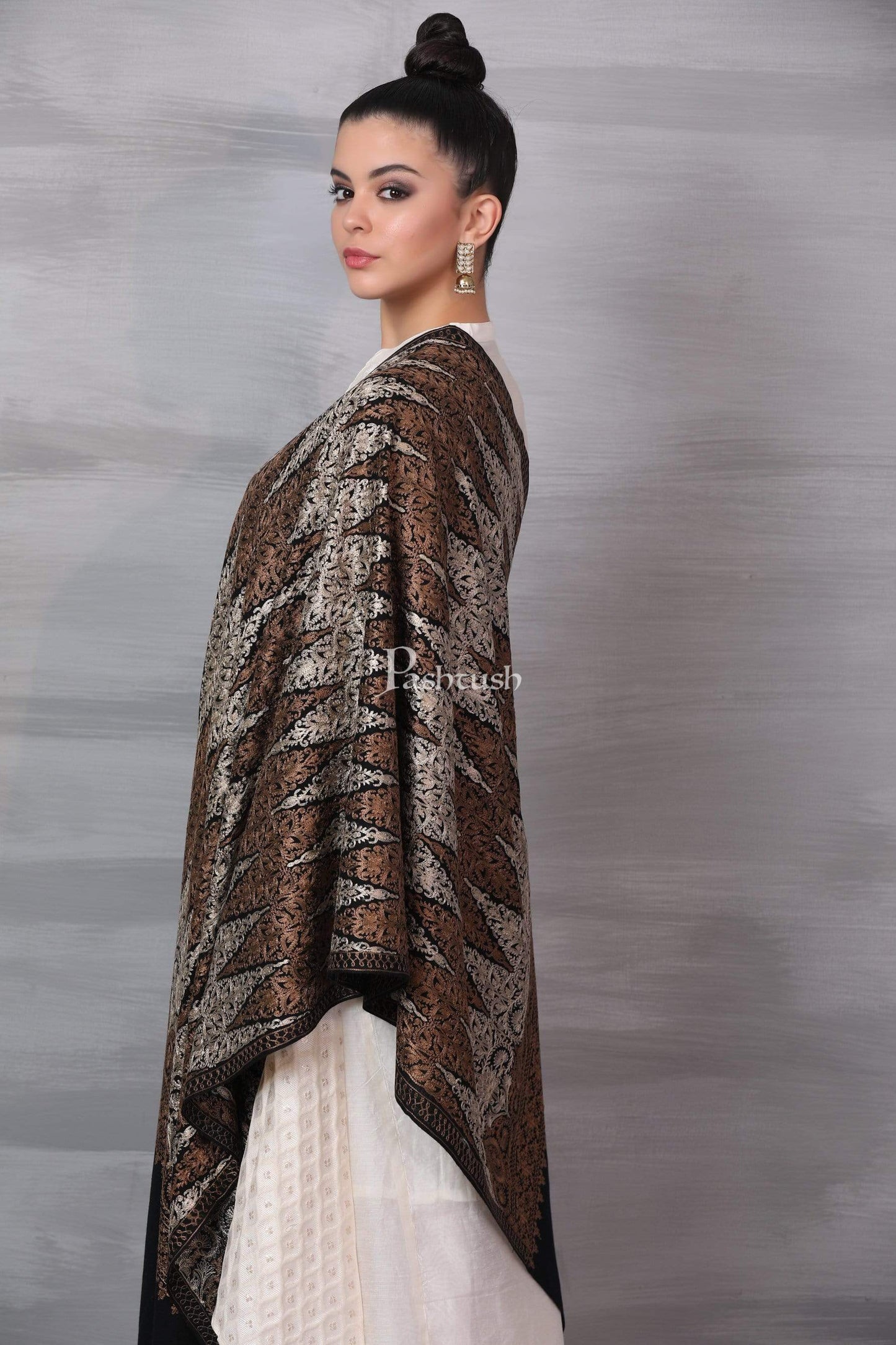 Pashtush India 70x200 Pashtush Womens Fine Wool, Silky Nalki Embroidery Needlework Stole, Black