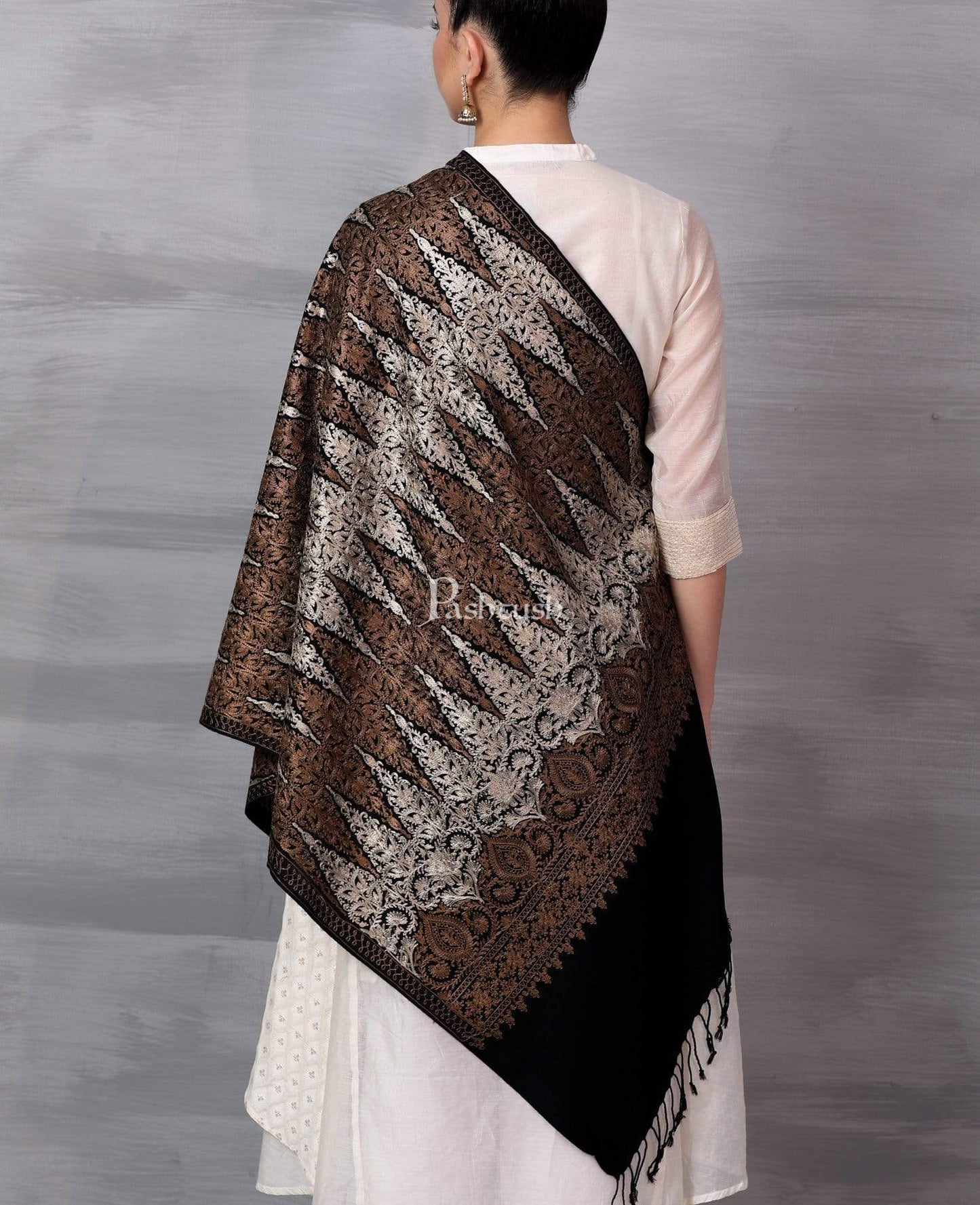 Pashtush India 70x200 Pashtush Womens Fine Wool, Silky Nalki Embroidery Needlework Stole, Black