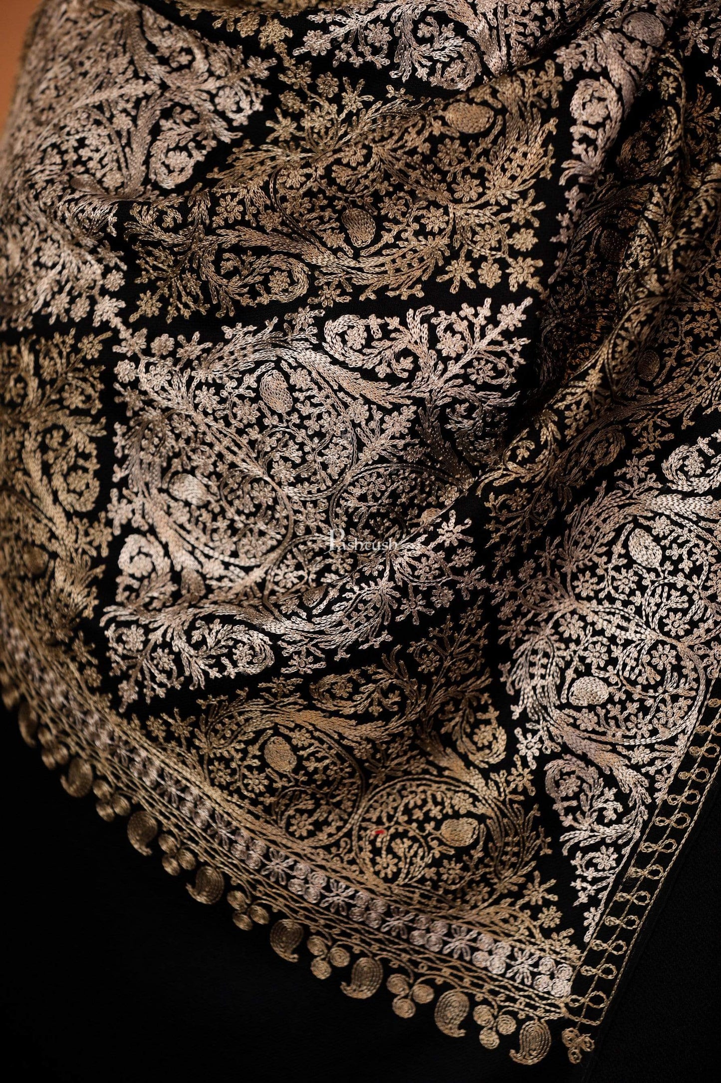 Pashtush India 70x200 Pashtush Womens Fine Wool, Silky Nalki Embroidery Needlework Stole, Black